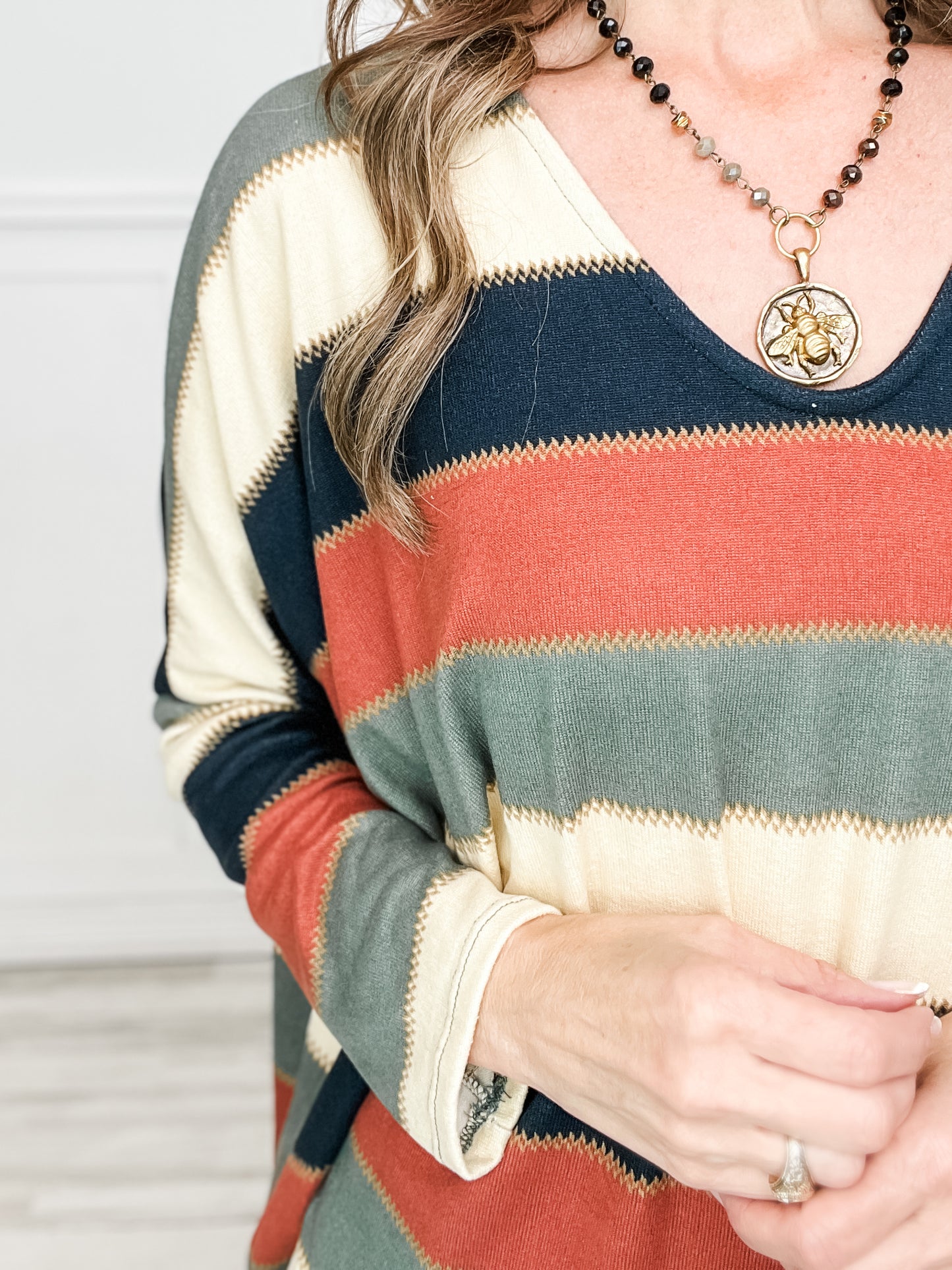 Long Sleeve Dolman Striped V-Neck Top