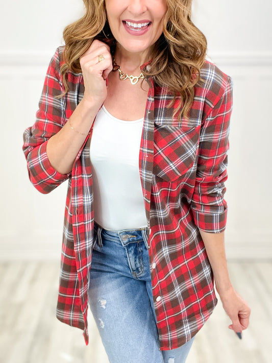 As If Button Down Collared Long Sleeve Flannel Top
