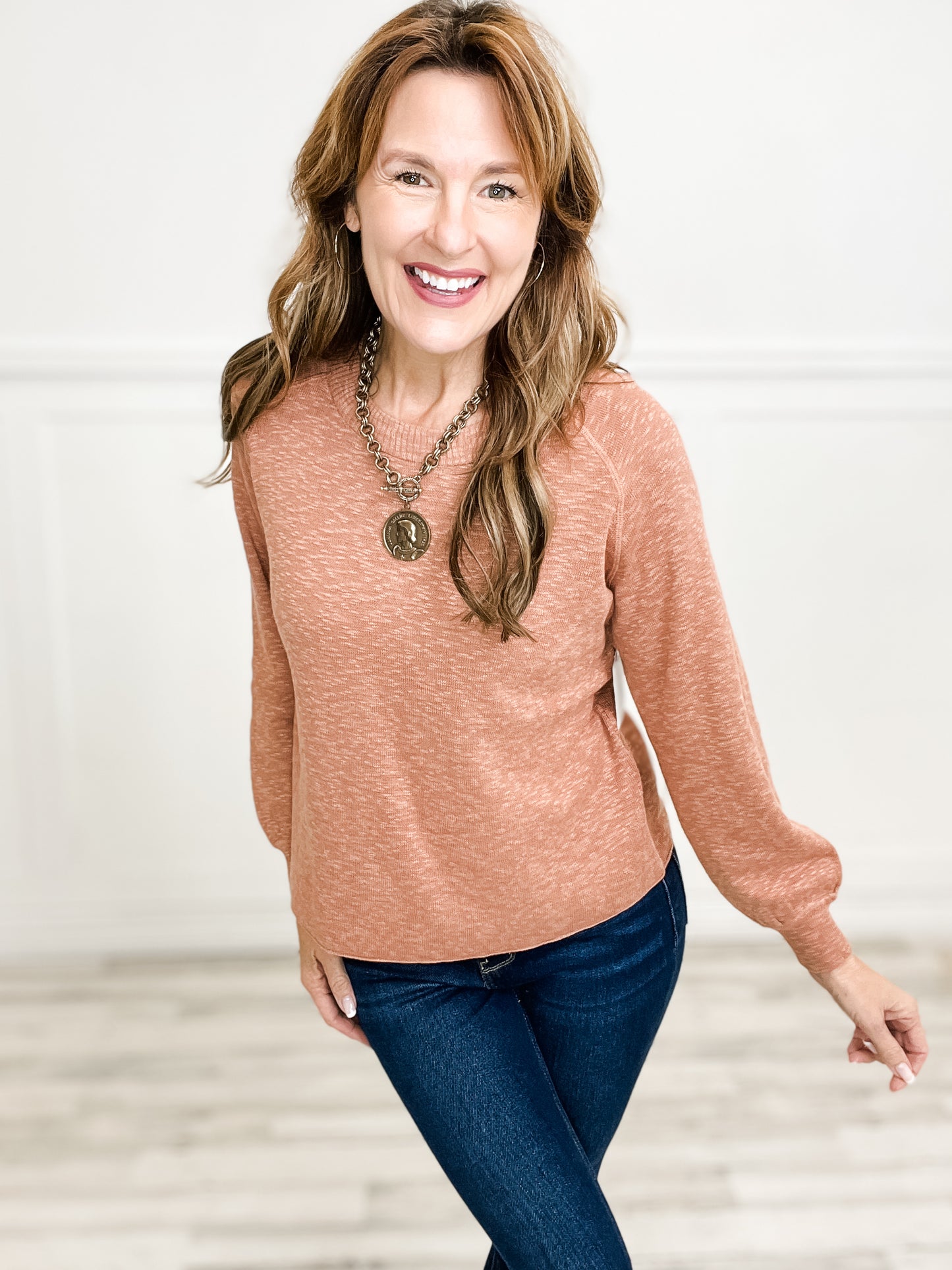 Raglan Long Sleeve Pullover Slub Yard Knit Sweater Top