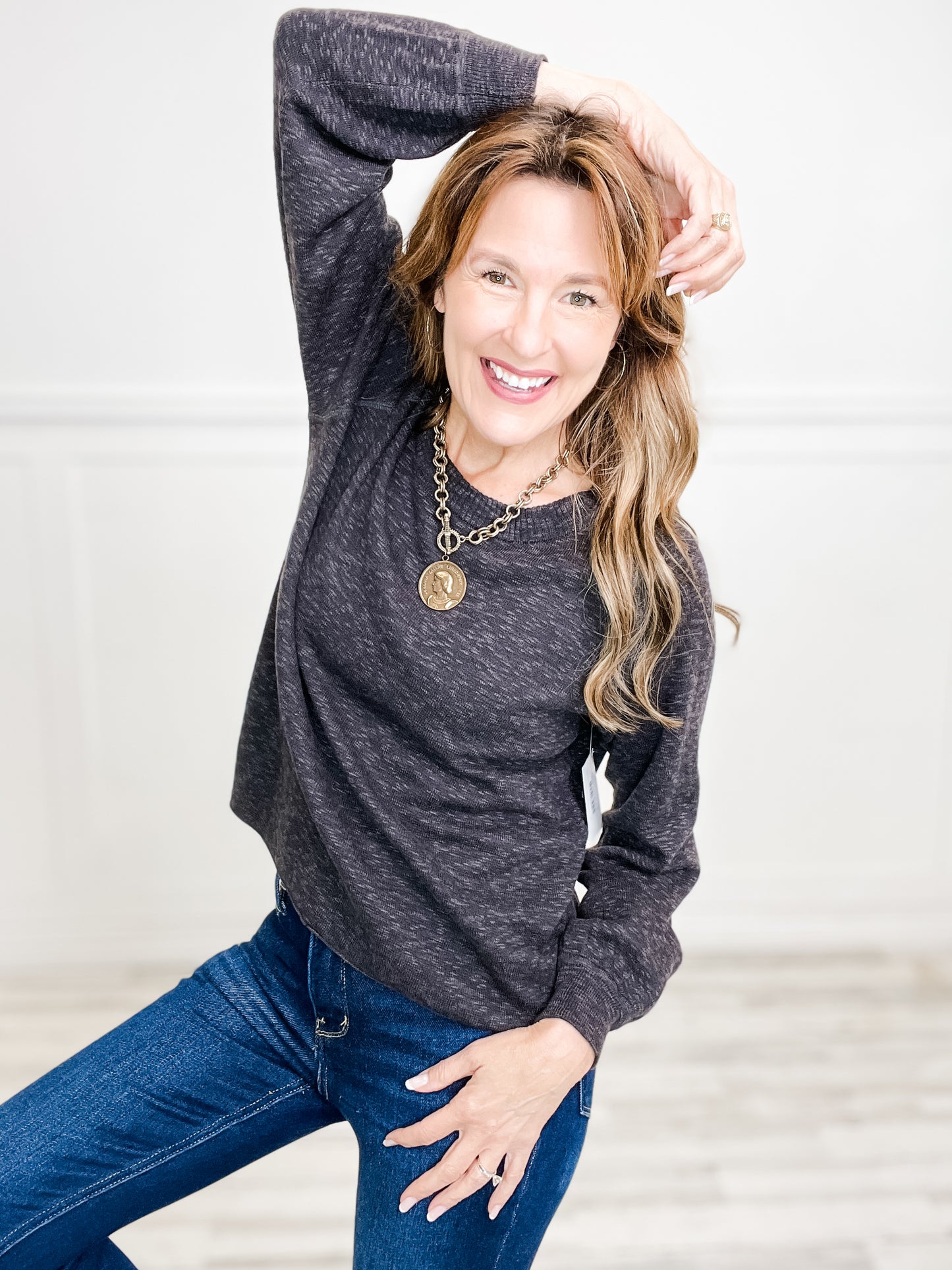 Raglan Long Sleeve Pullover Slub Yard Knit Sweater Top