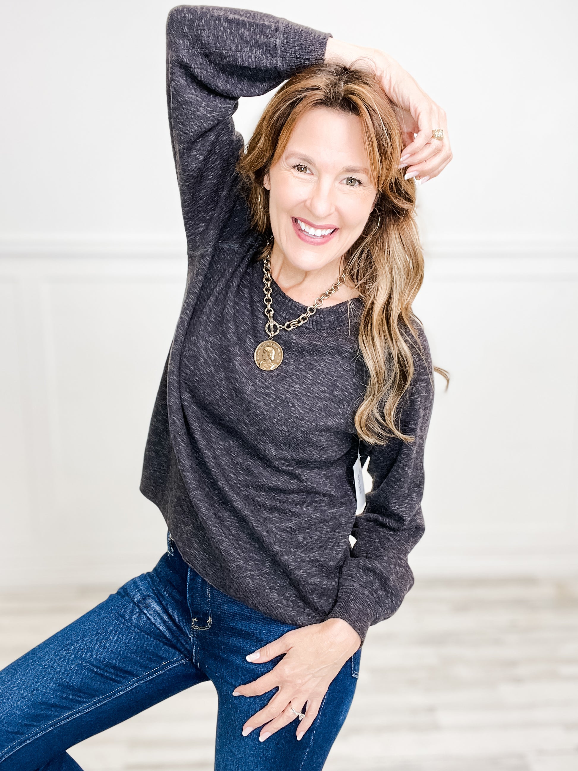 Raglan Long Sleeve Pullover Slub Yard Knit Sweater Top