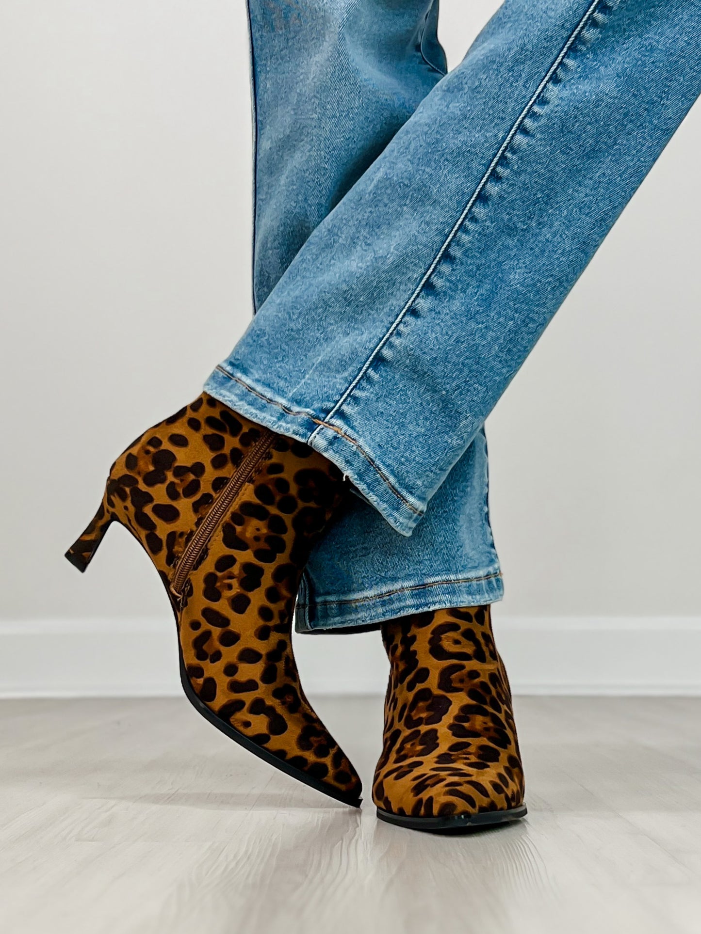 Pointed Toe Stiletto Heel Booties in Leopard Suede