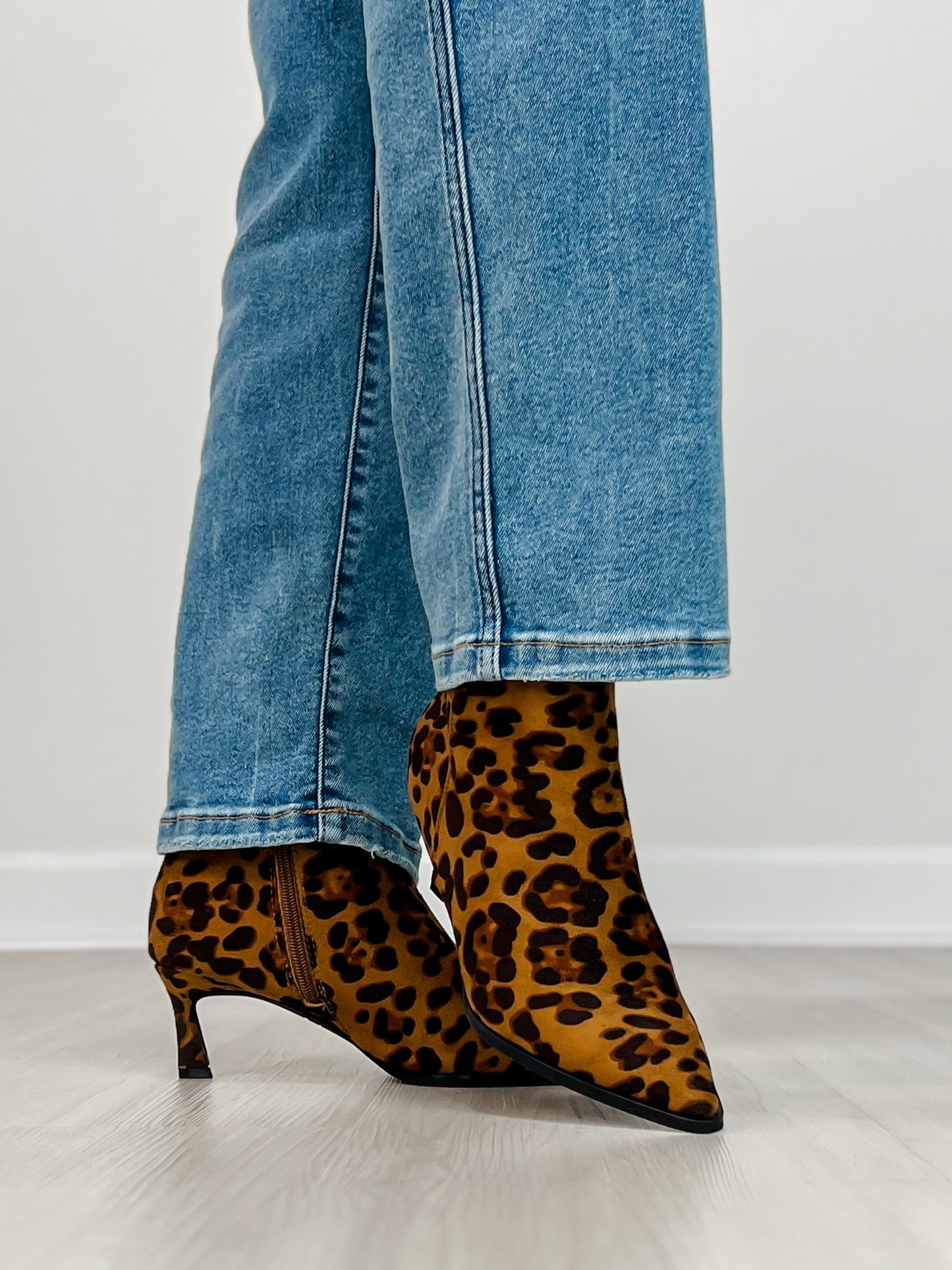 Pointed Toe Stiletto Heel Booties in Leopard Suede