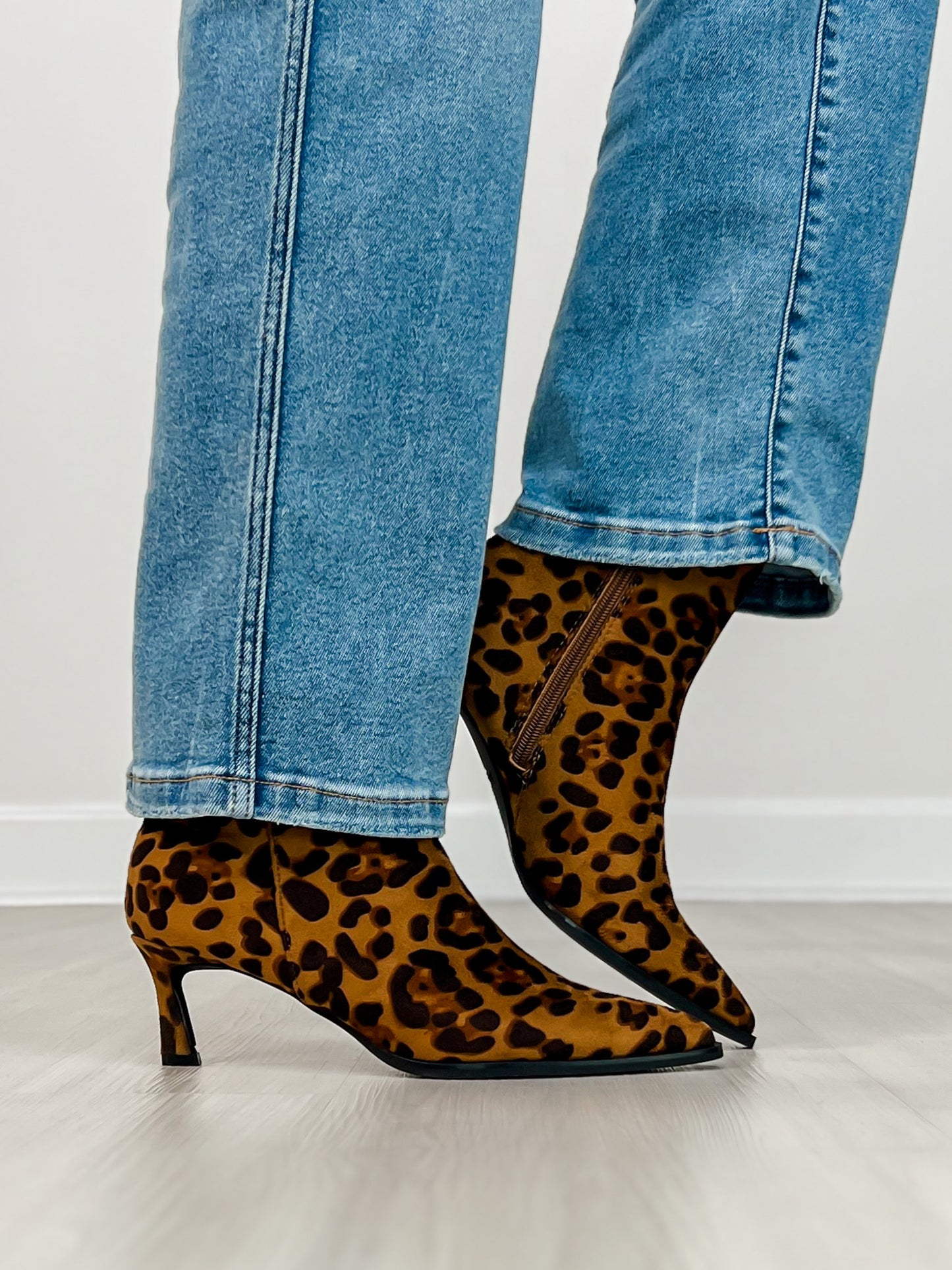 Pointed Toe Stiletto Heel Booties in Leopard Suede