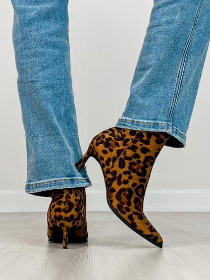 Pointed Toe Stiletto Heel Booties in Leopard Suede