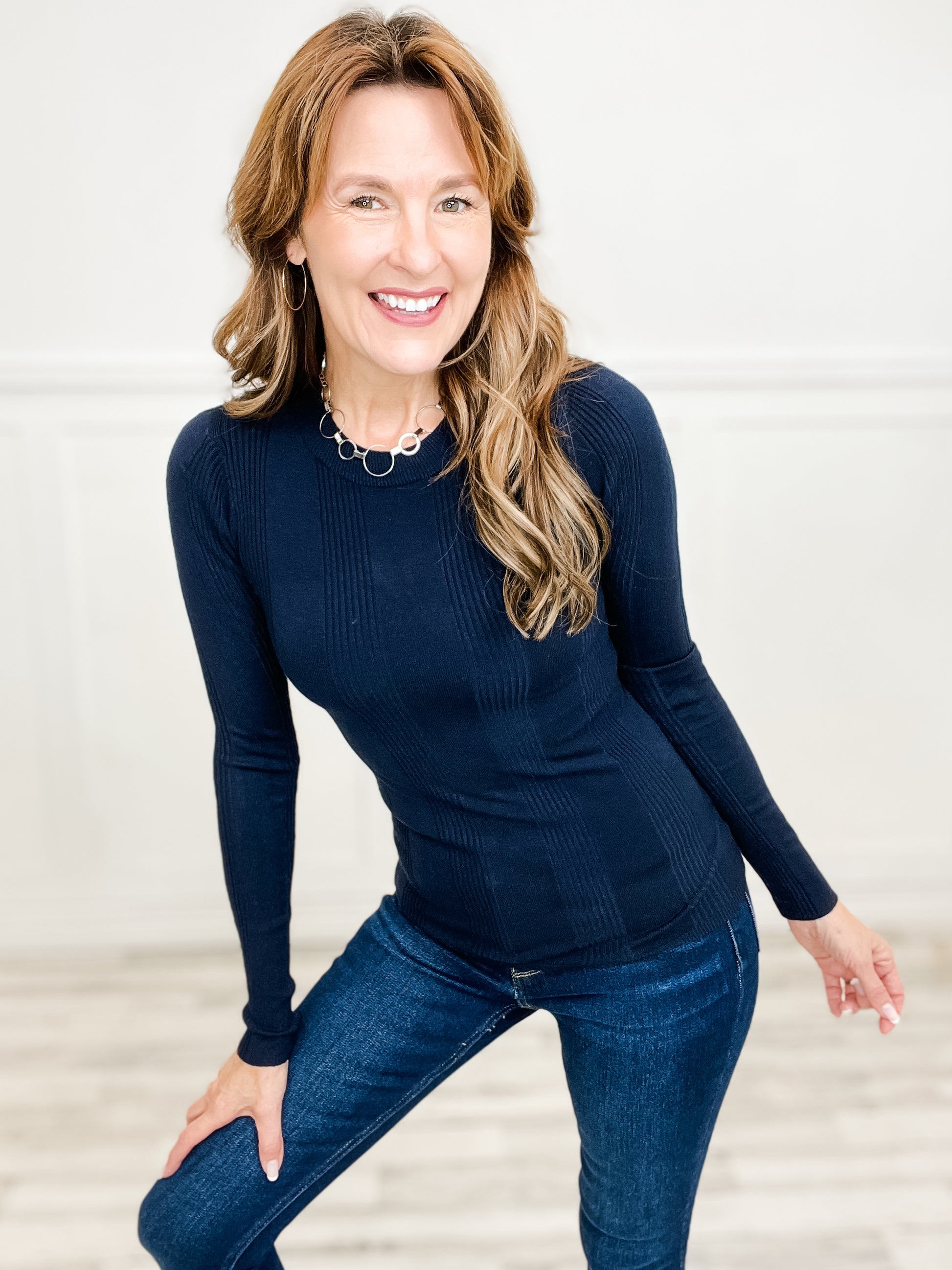 Basic Patterned Long Sleeve Knit Sweater Top