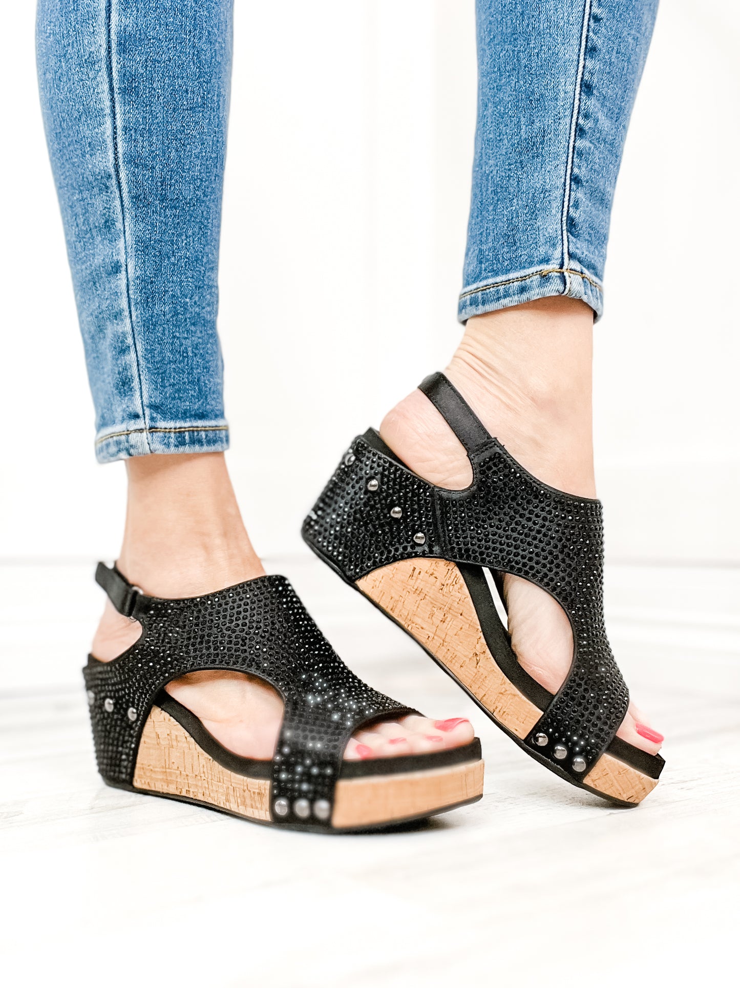 Corkys Carley Wedge Shoes in Black Crystals