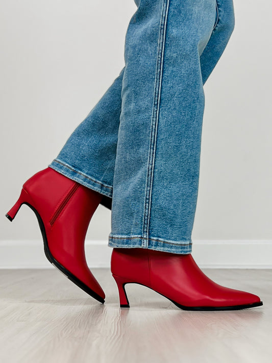 Pointed Toe Stiletto Heel Booties in Red
