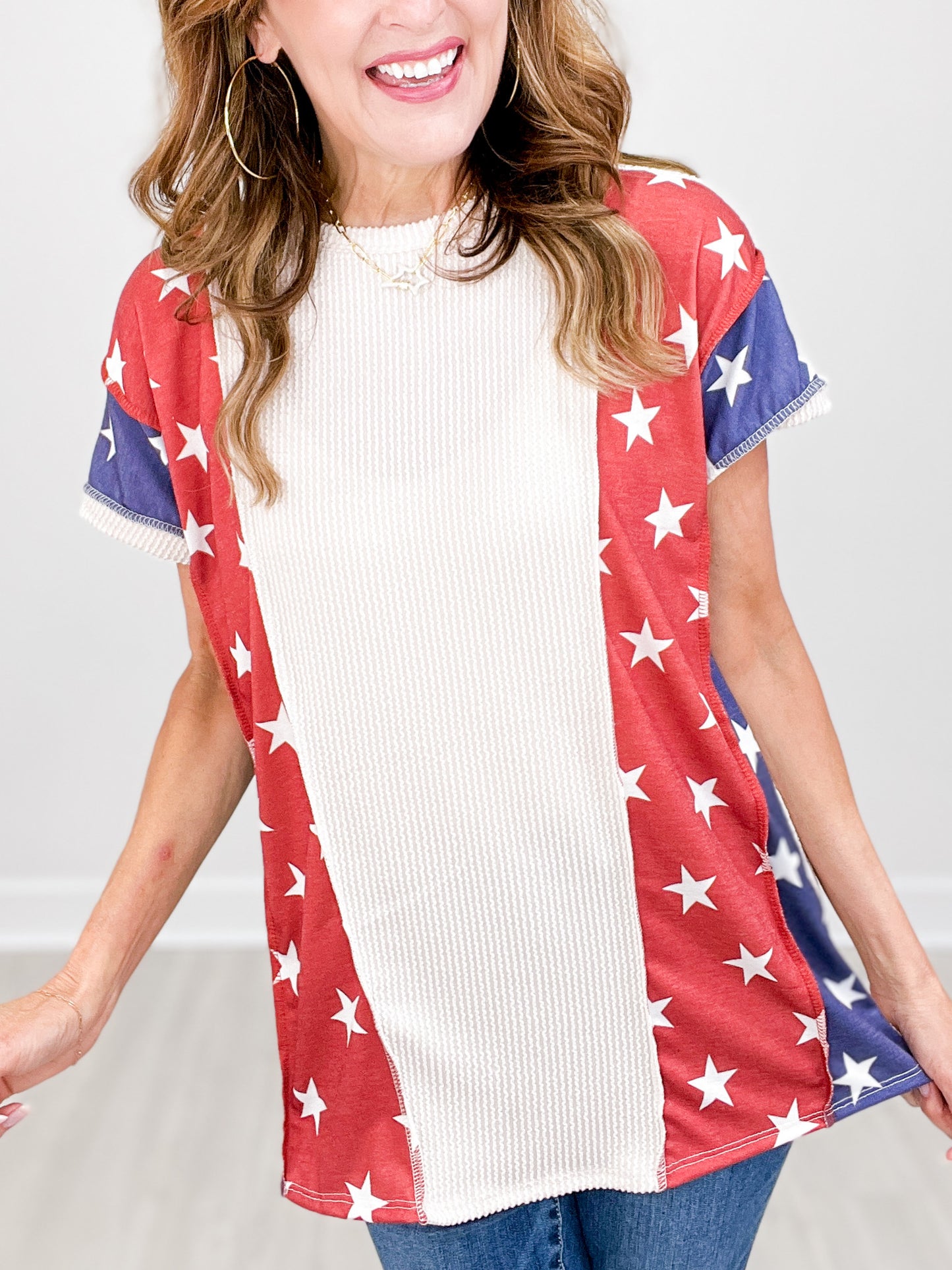 Short Sleeve Ribbed Stars and Stripes Contrast Top