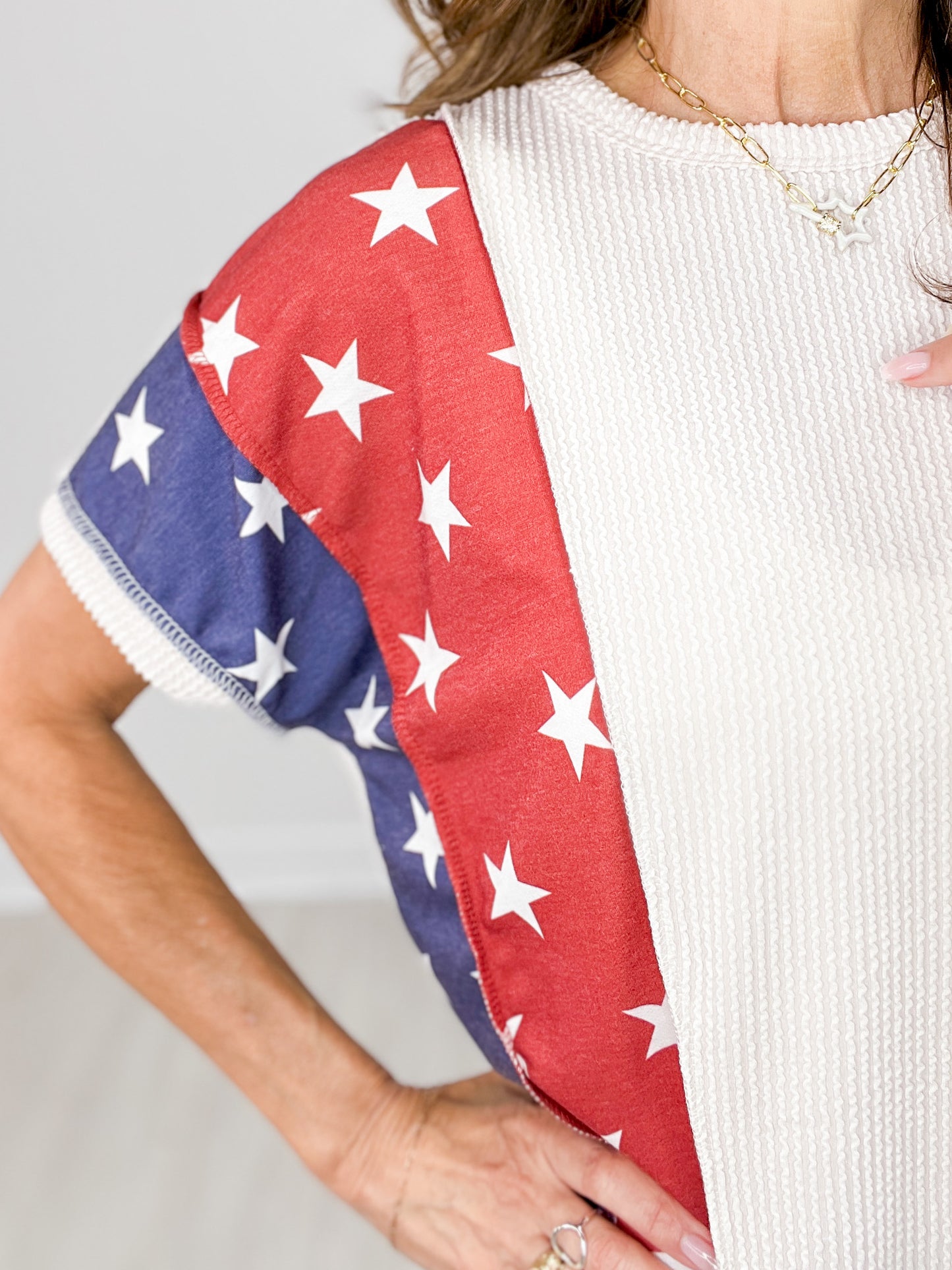 Short Sleeve Ribbed Stars and Stripes Contrast Top