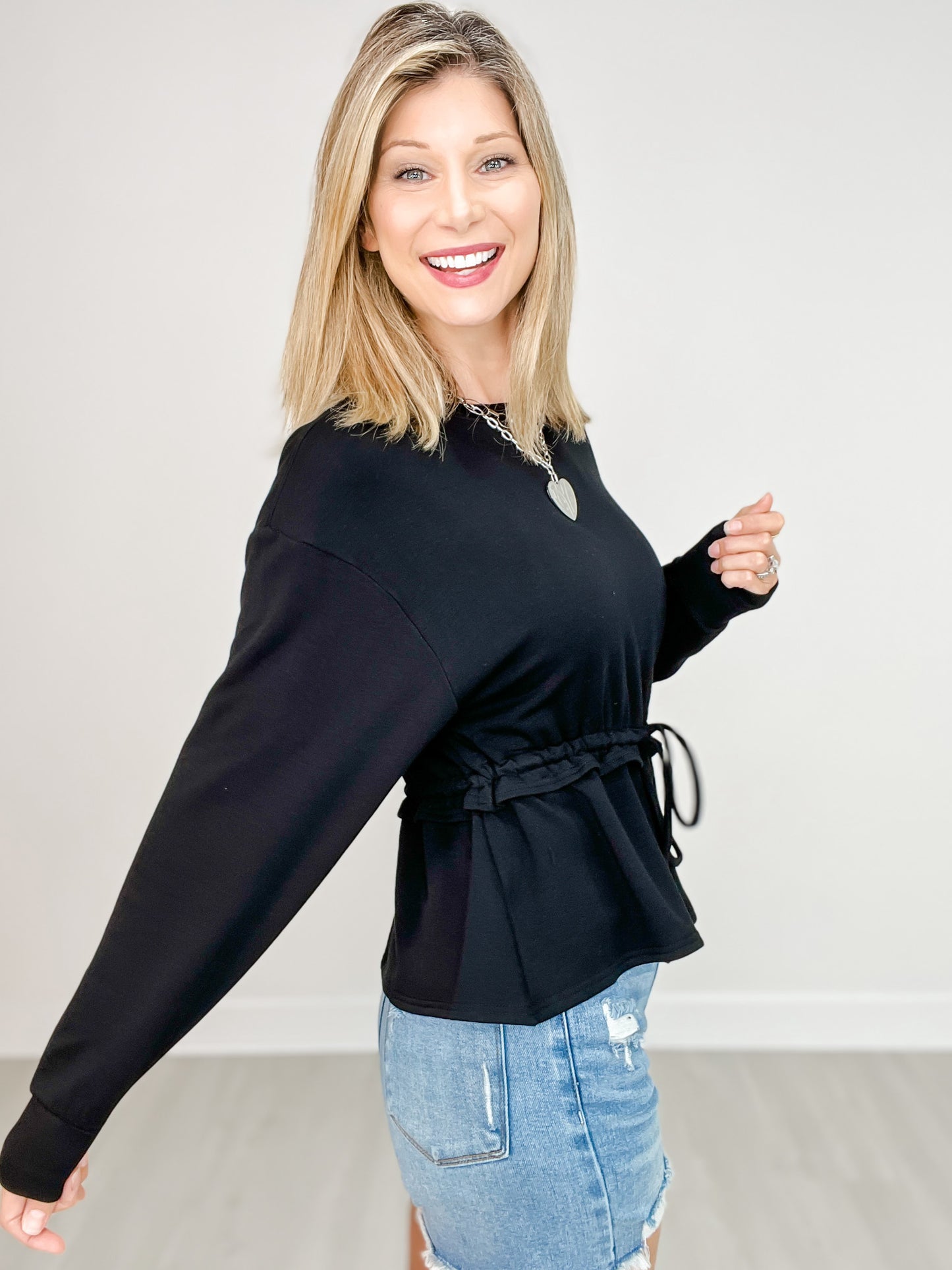 Drawstring Waist Peplum Sweater Top