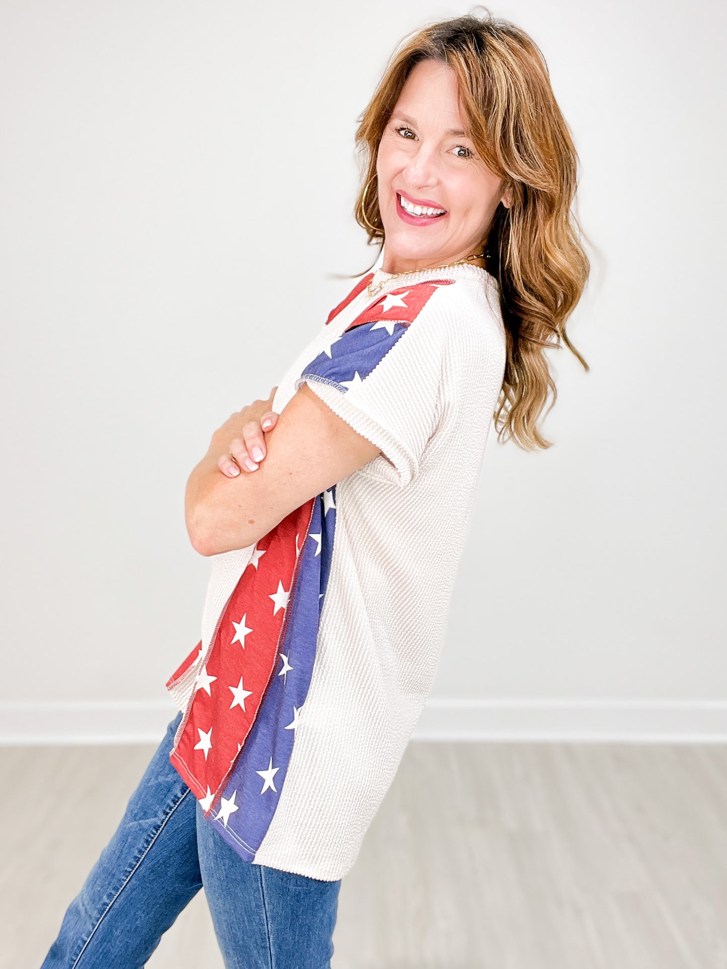 Short Sleeve Ribbed Stars and Stripes Contrast Top