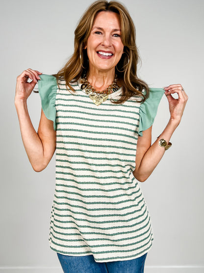 Jacquard Striped Sleeveless Top Ruffle Shoulder