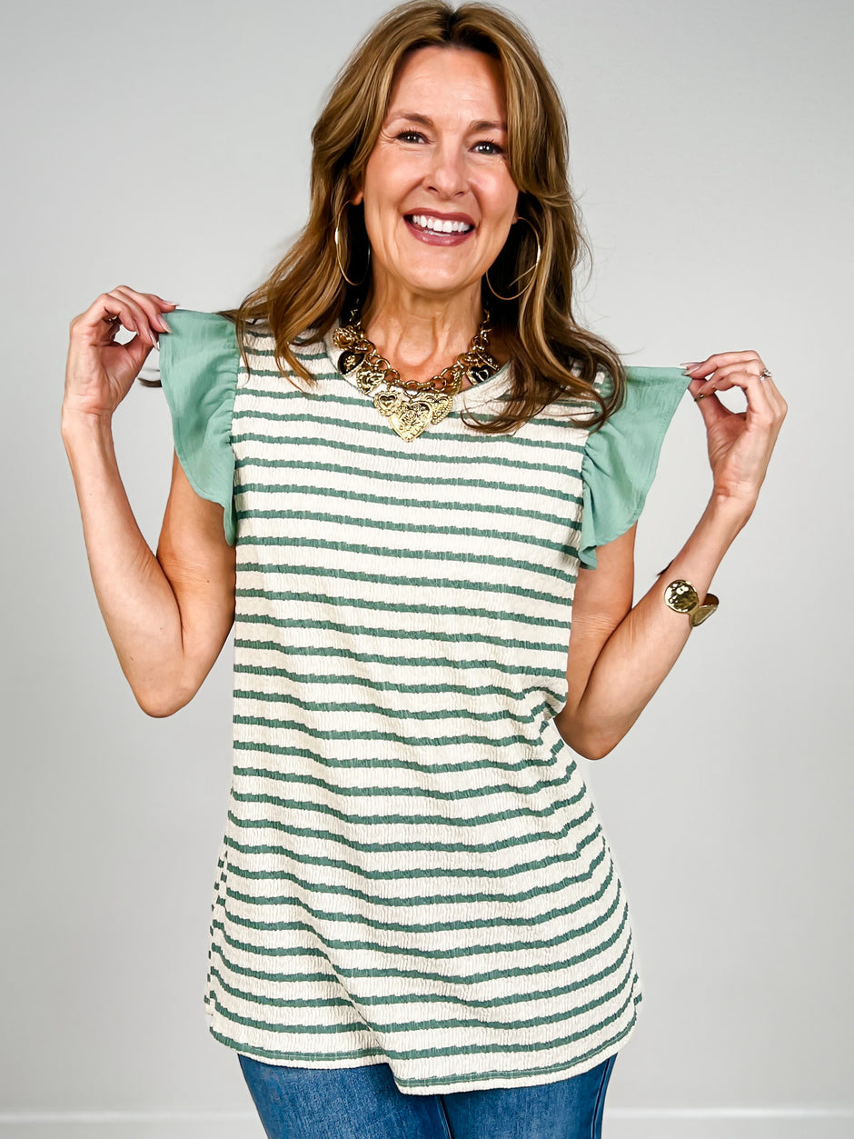 Jacquard Striped Sleeveless Top Ruffle Shoulder