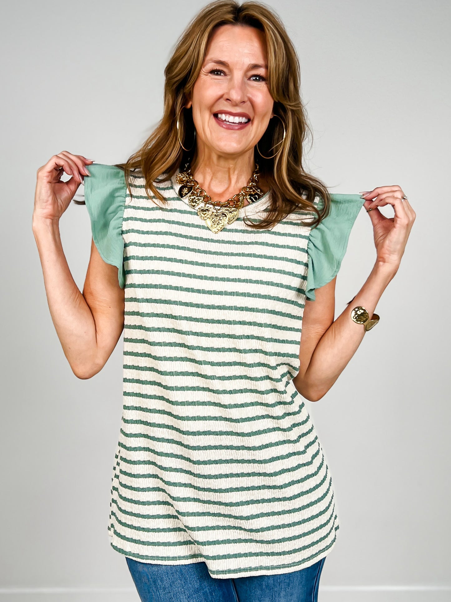 Jacquard Striped Sleeveless Top Ruffle Shoulder