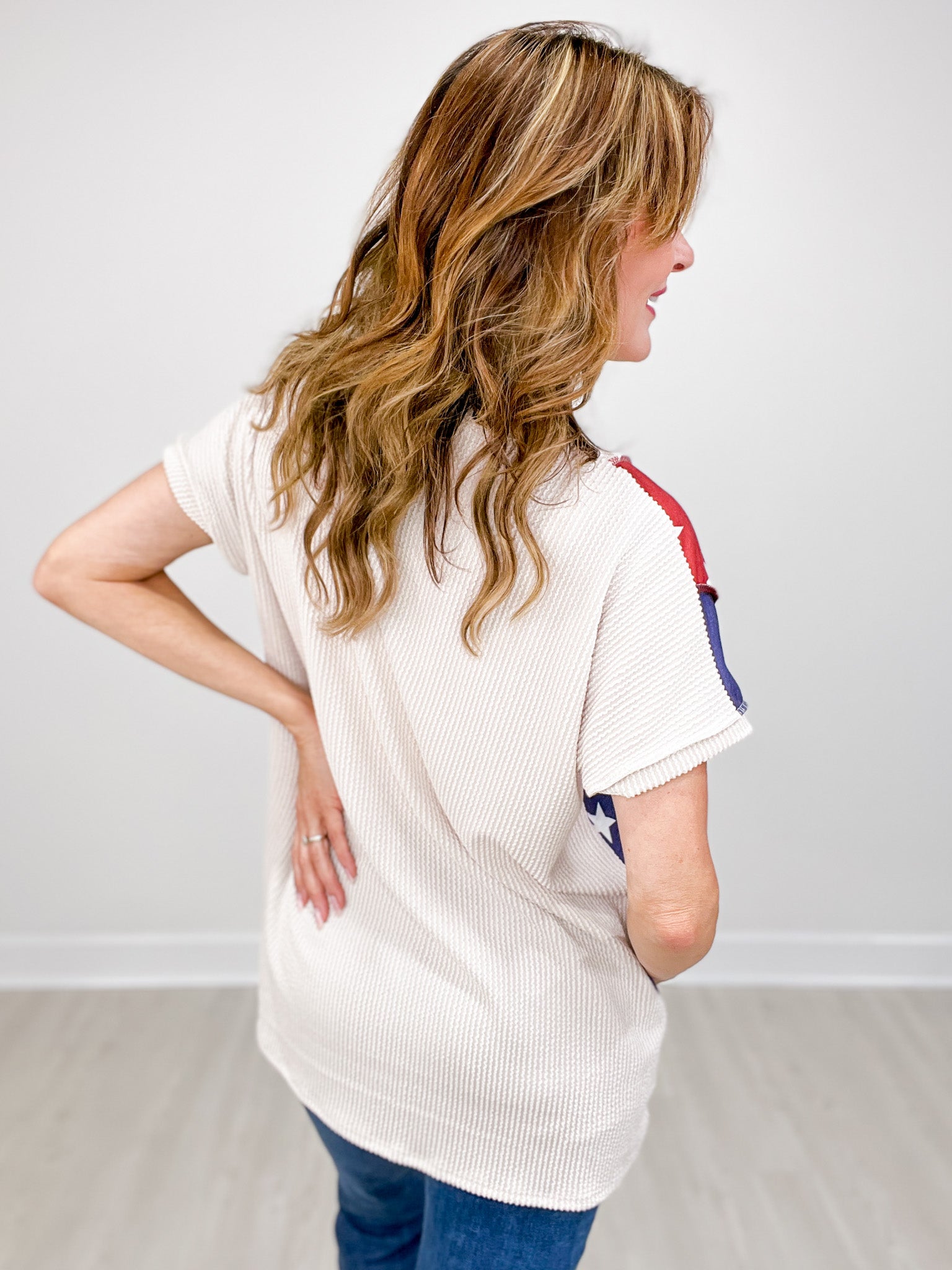 Short Sleeve Ribbed Stars and Stripes Contrast Top
