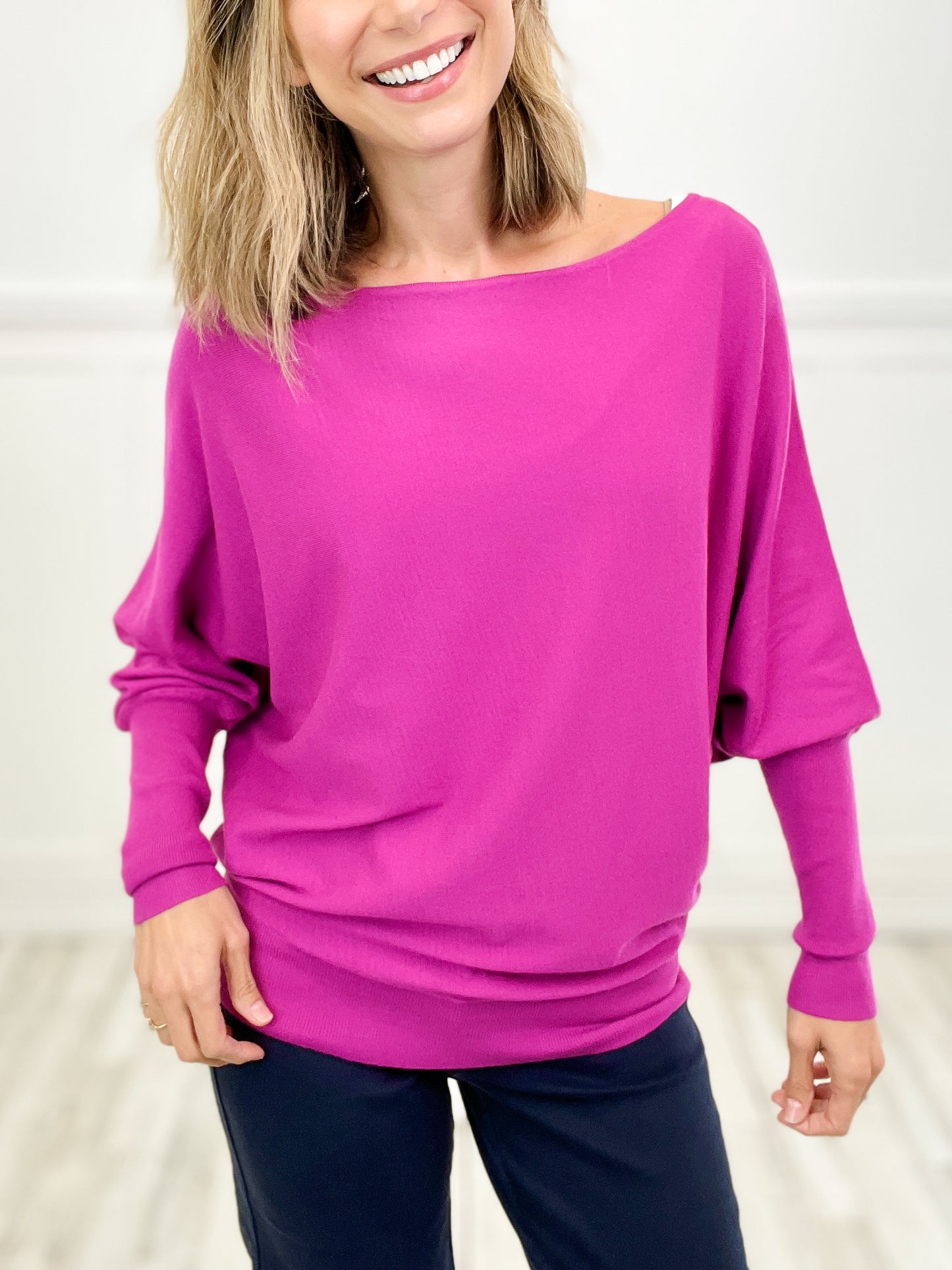 Totally Tubular Dolman Sleeve Boat Neck Top with Fitted Hemline