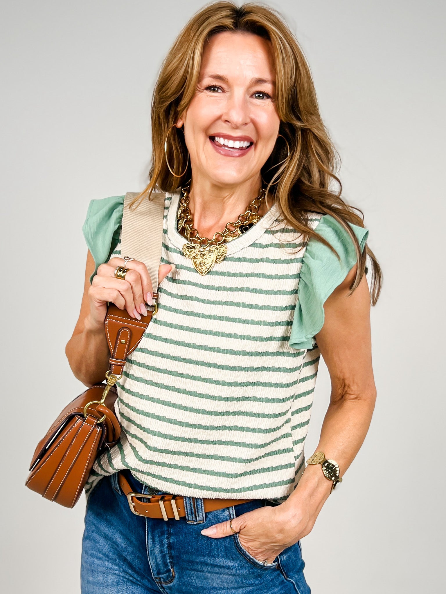 Jacquard Striped Sleeveless Top Ruffle Shoulder