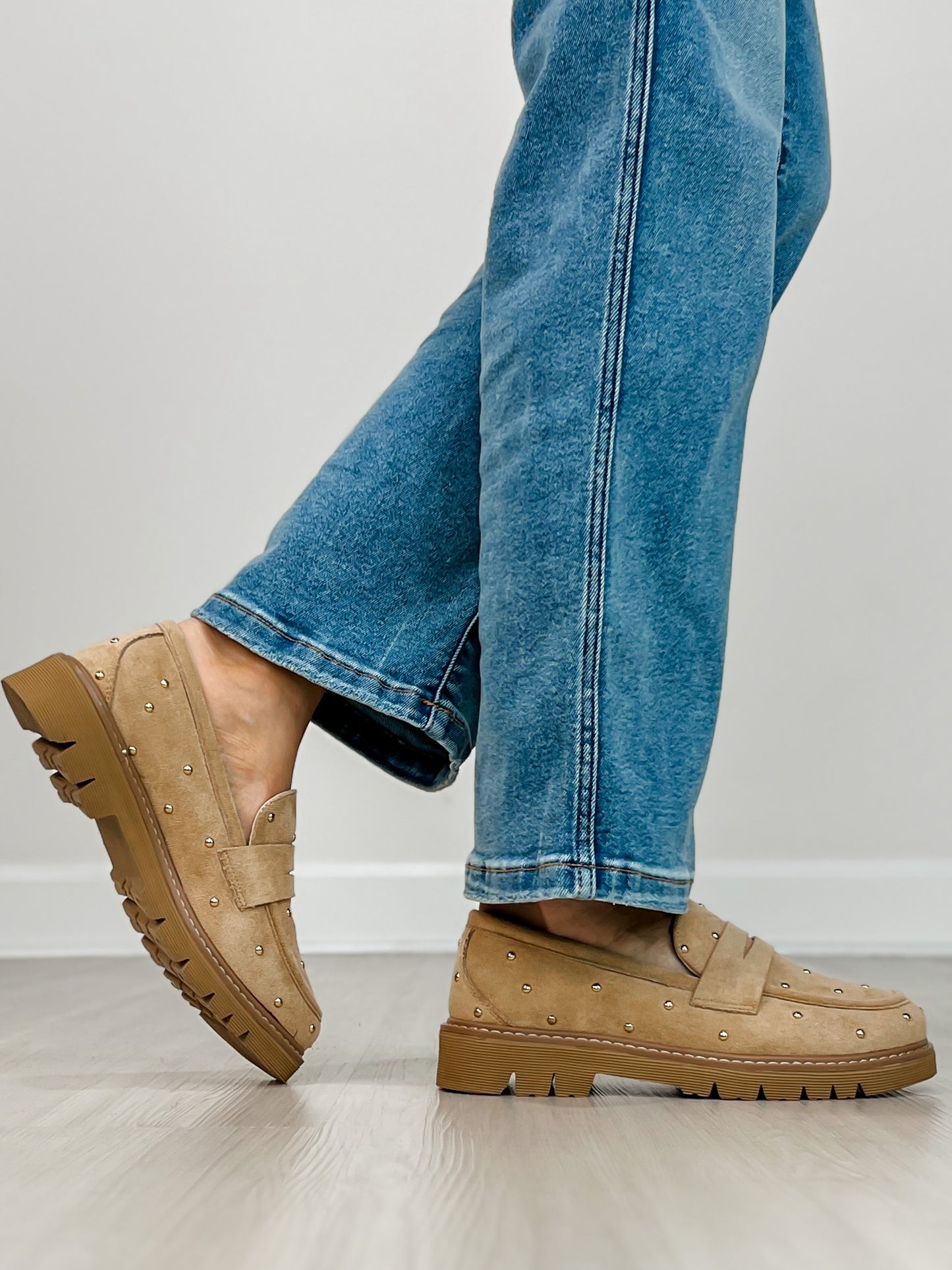 Corkys Stud Muffin Loafers in SAND FAUX SUEDE