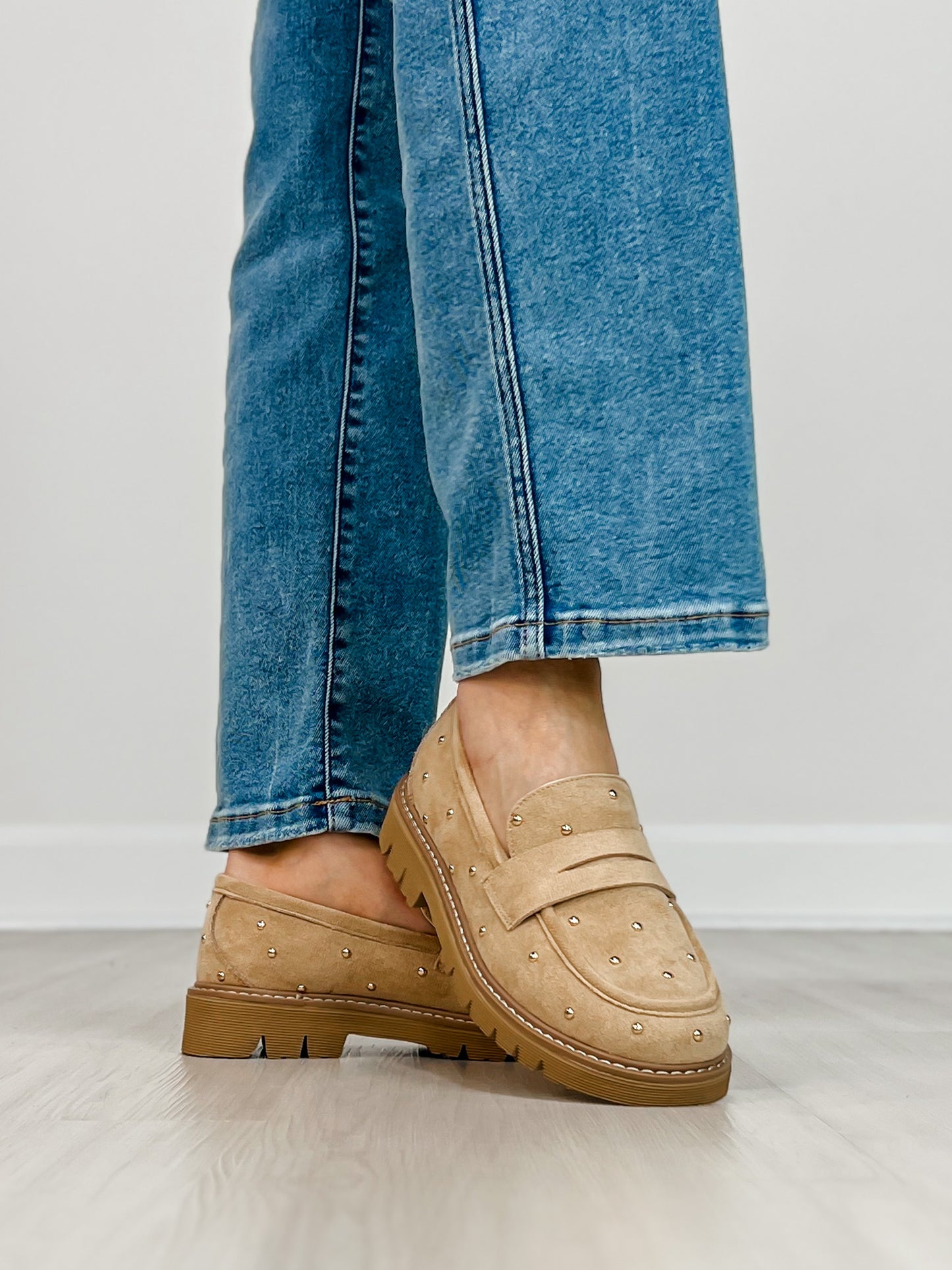 Corkys Stud Muffin Loafers in SAND FAUX SUEDE
