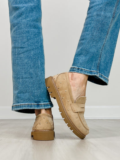 Corkys Stud Muffin Loafers in SAND FAUX SUEDE