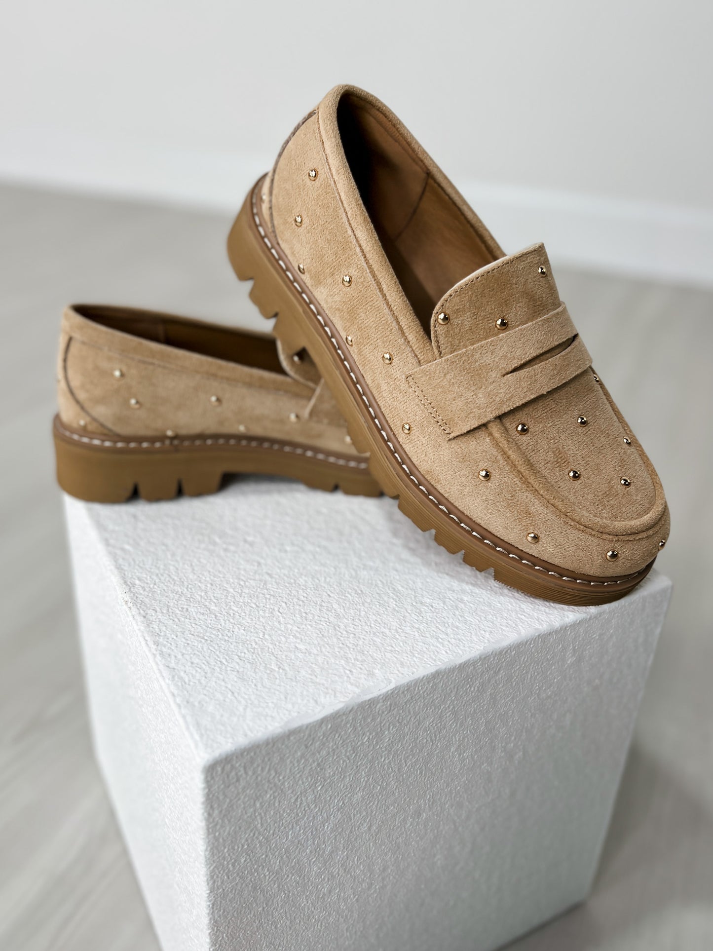 Corkys Stud Muffin Loafers in SAND FAUX SUEDE
