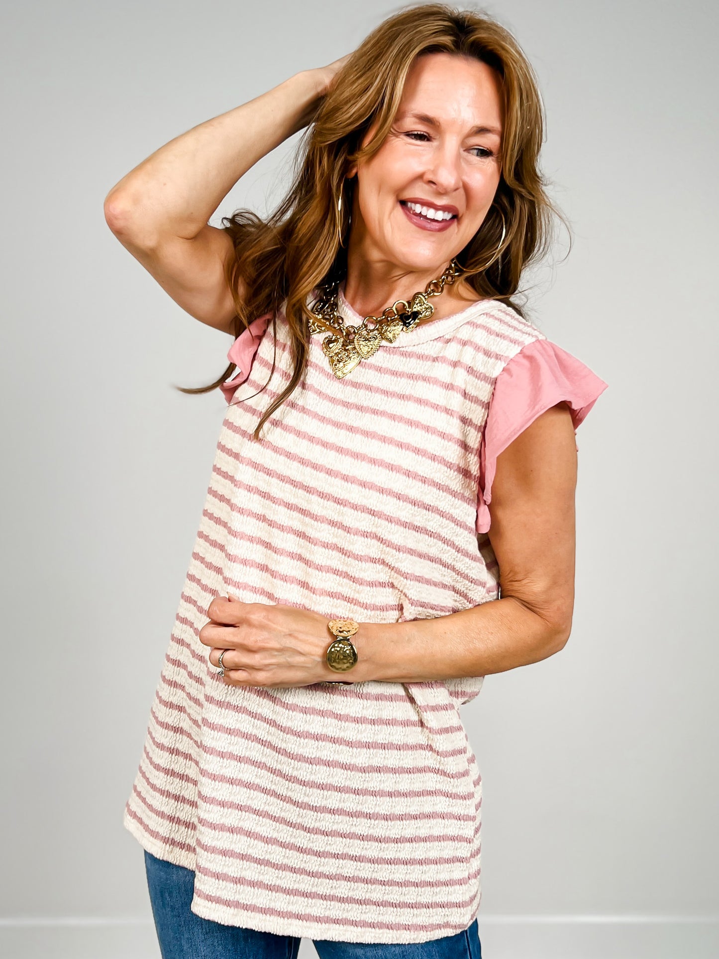 Jacquard Striped Sleeveless Top Ruffle Shoulder