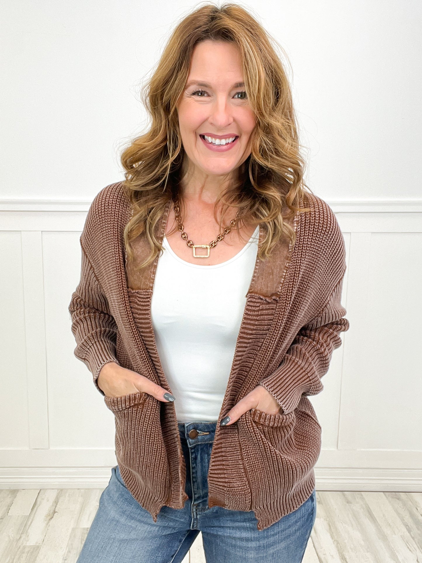 Western-Inspired Mineral Washed Open Front Sweater Cardigan with Pockets
