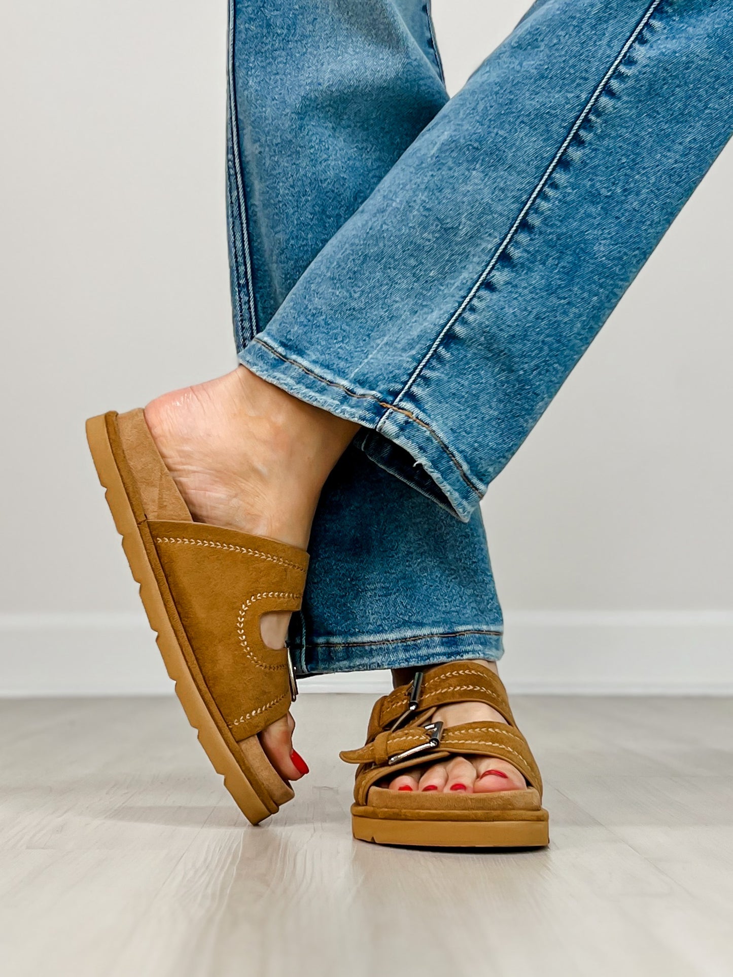 Corkys Smitten Double Buckle Sandals in TOBACCO FAUX SUEDE