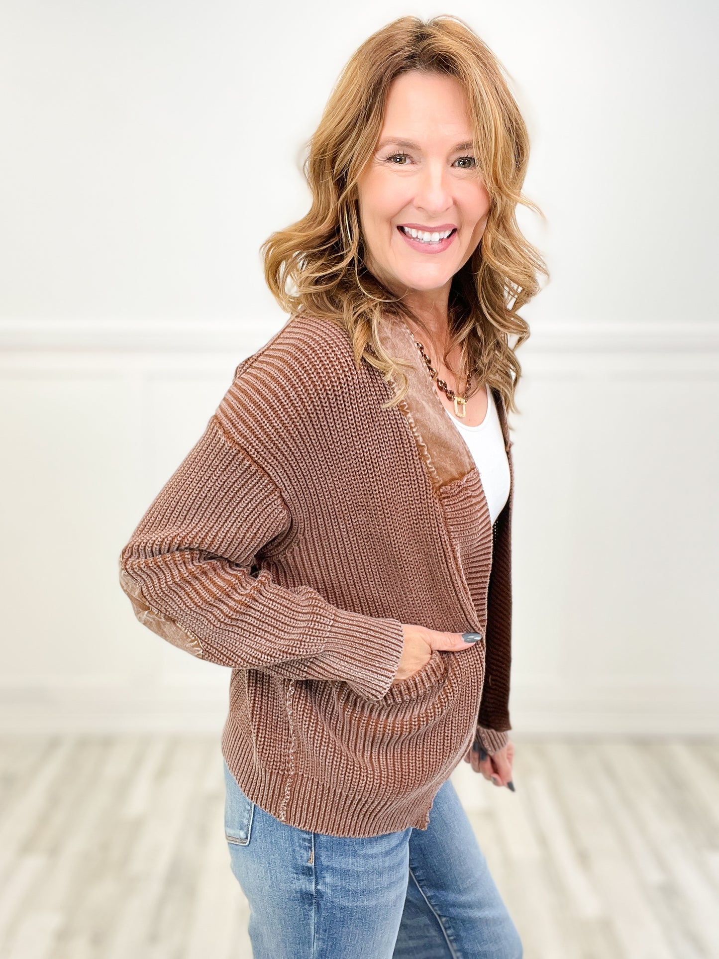 Western-Inspired Mineral Washed Open Front Sweater Cardigan with Pockets