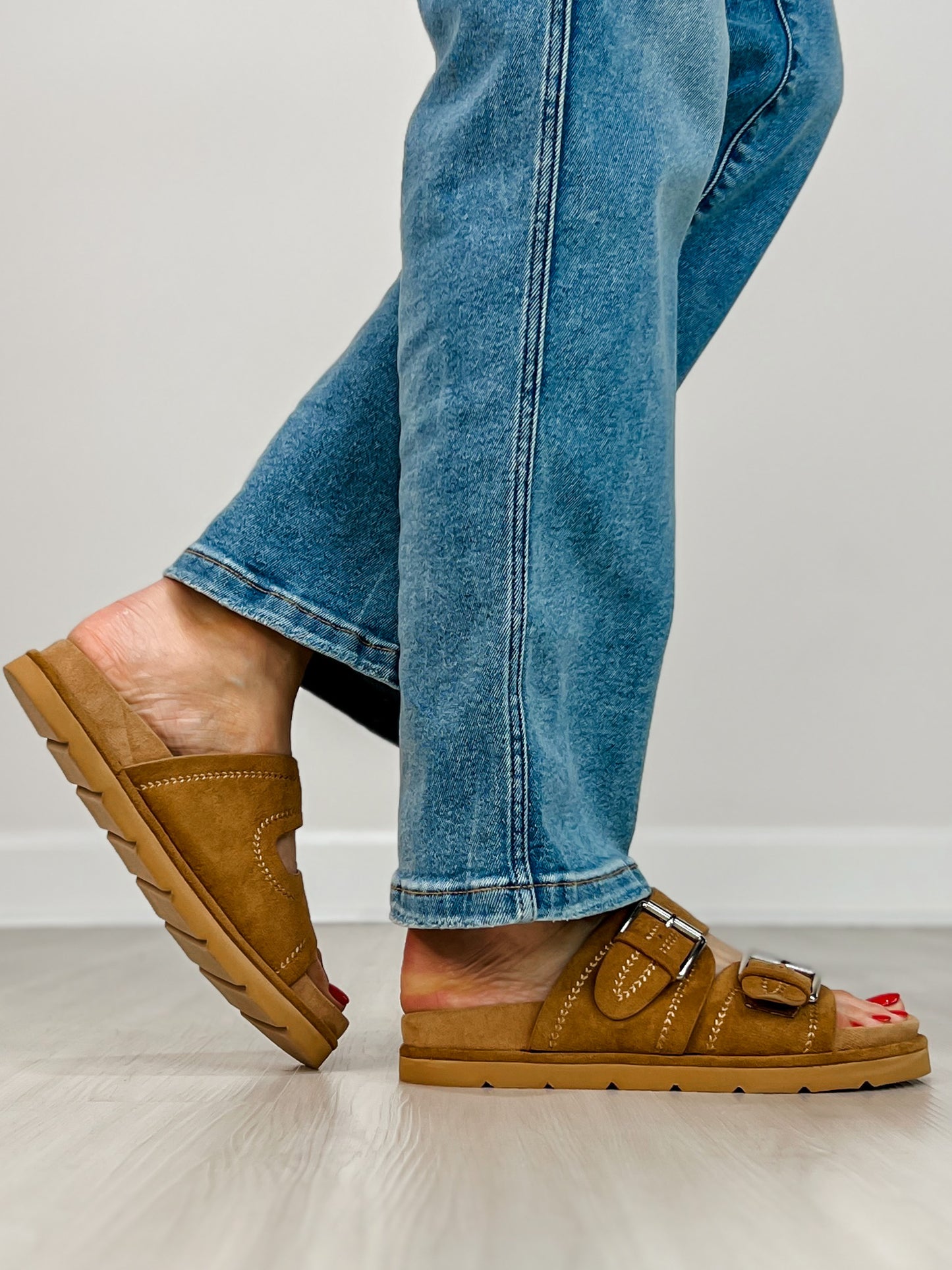 Corkys Smitten Double Buckle Sandals in TOBACCO FAUX SUEDE