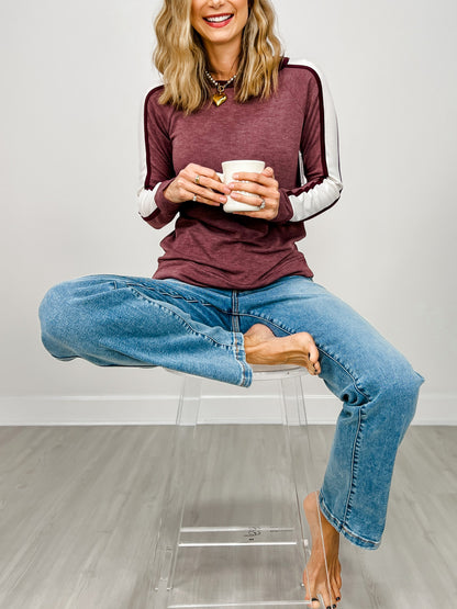Long Sleeve Color Trimmed French Terry Top