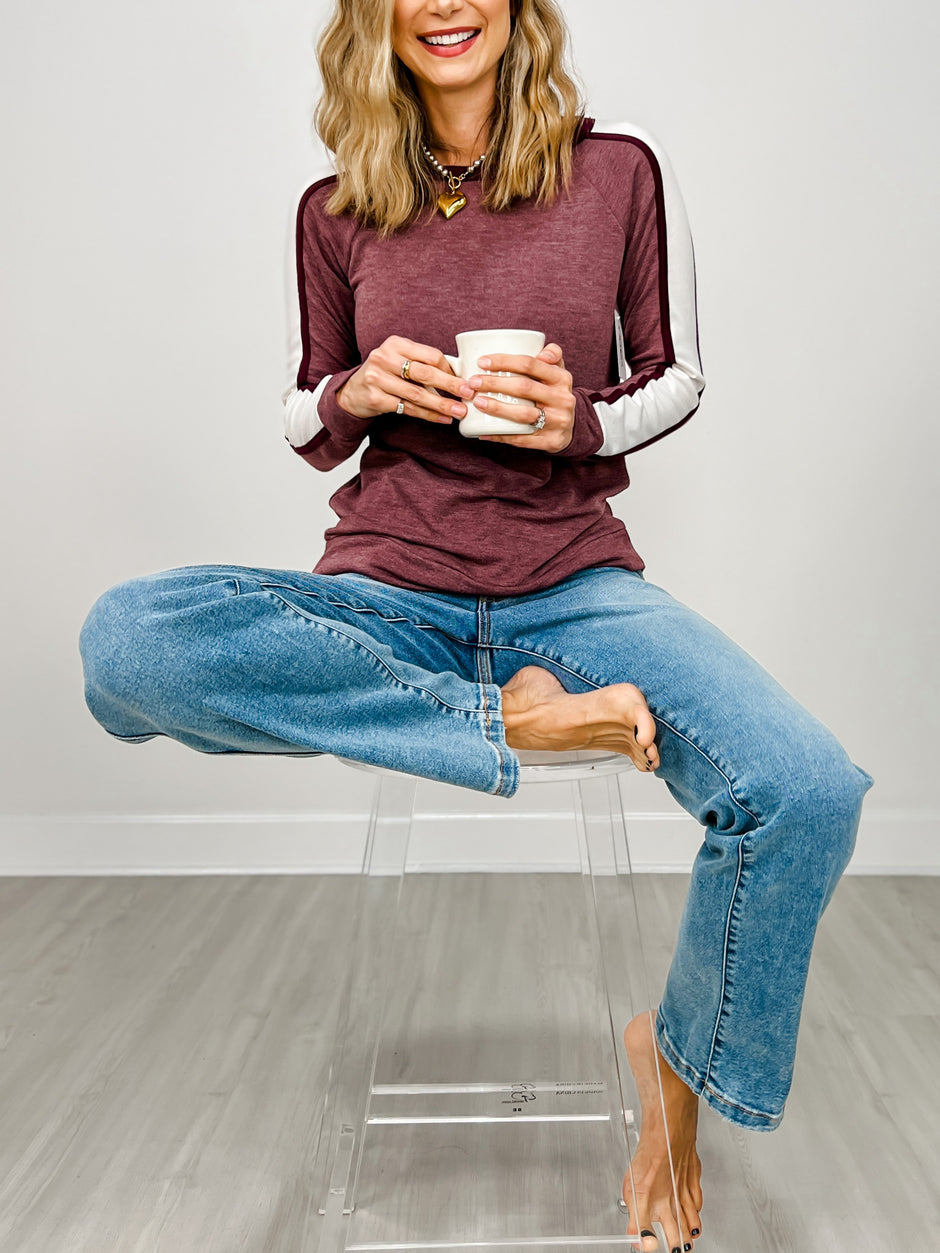 Long Sleeve Color Trimmed French Terry Top