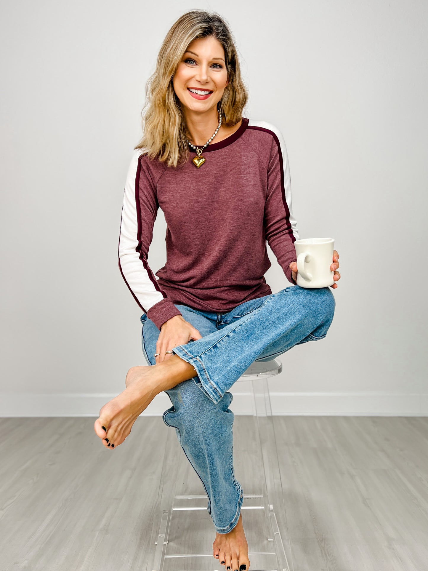 Long Sleeve Color Trimmed French Terry Top