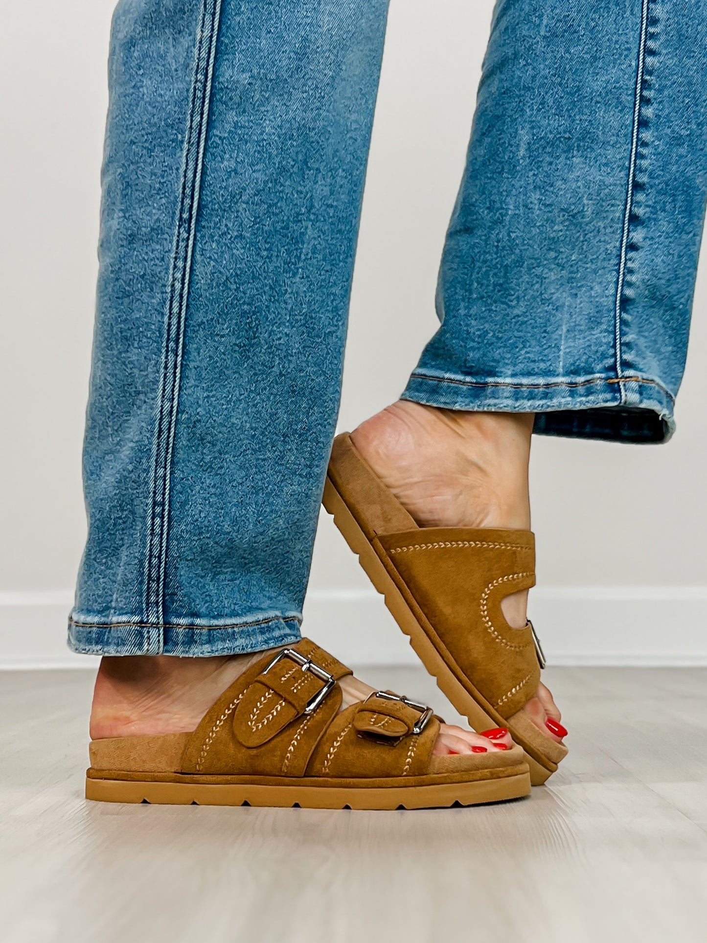 Corkys Smitten Double Buckle Sandals in TOBACCO FAUX SUEDE