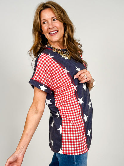 Short Sleeve Plaid with Star Contrast Top
