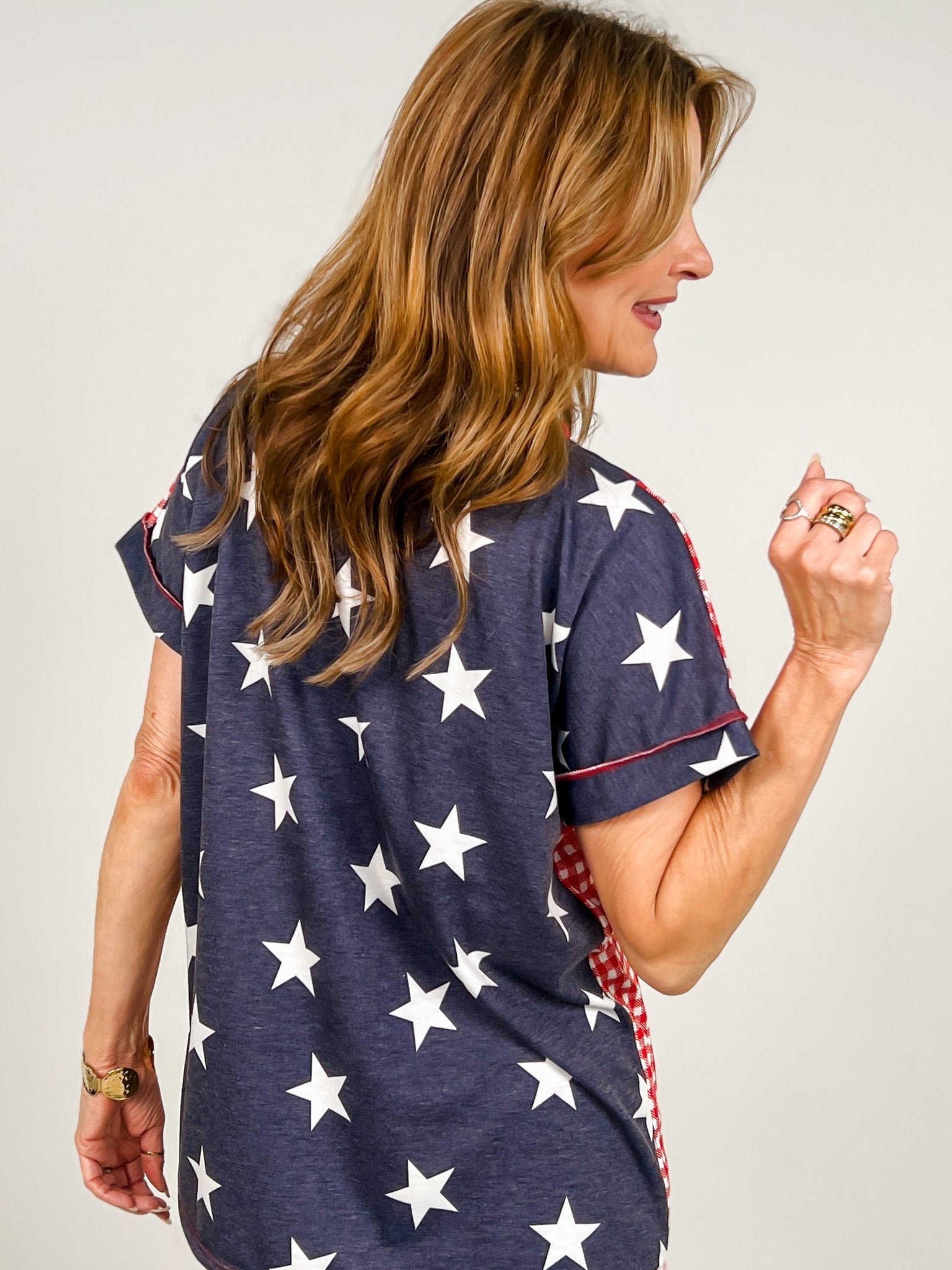 Short Sleeve Plaid with Star Contrast Top