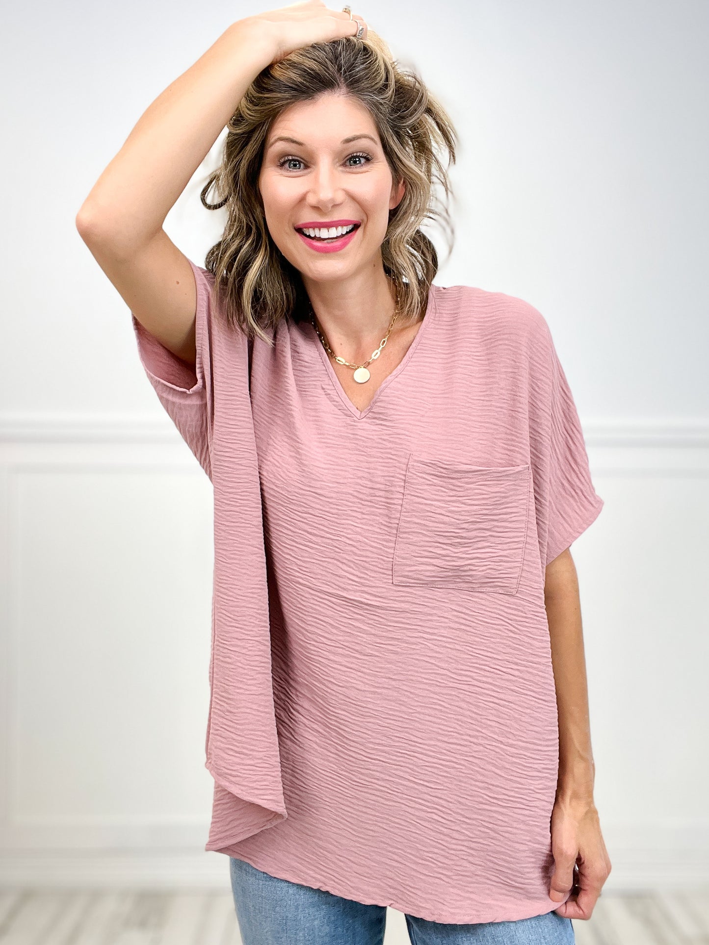 Woven Airflow V-Neck Dolman Short Sleeve Top