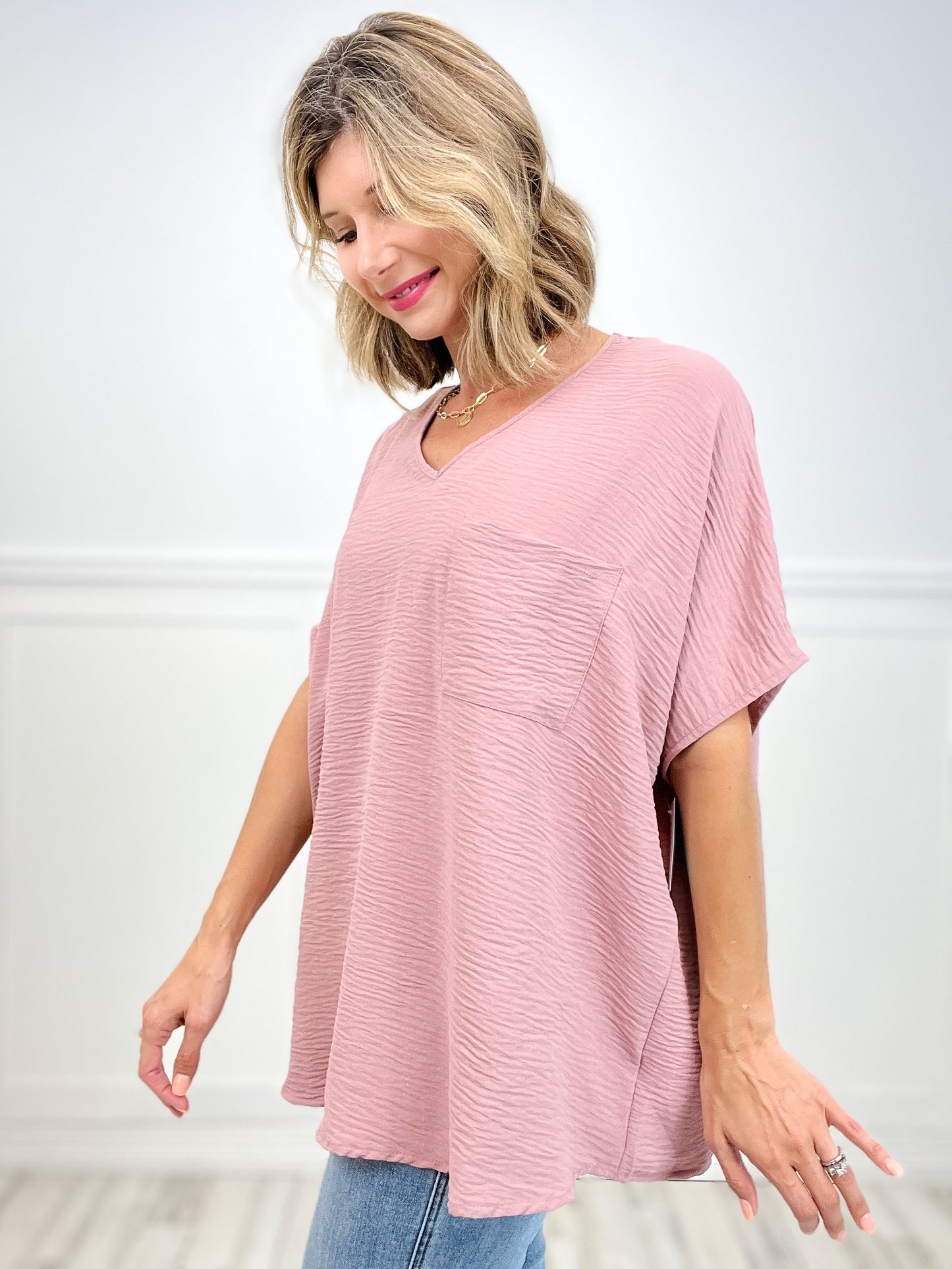 Woven Airflow V-Neck Dolman Short Sleeve Top