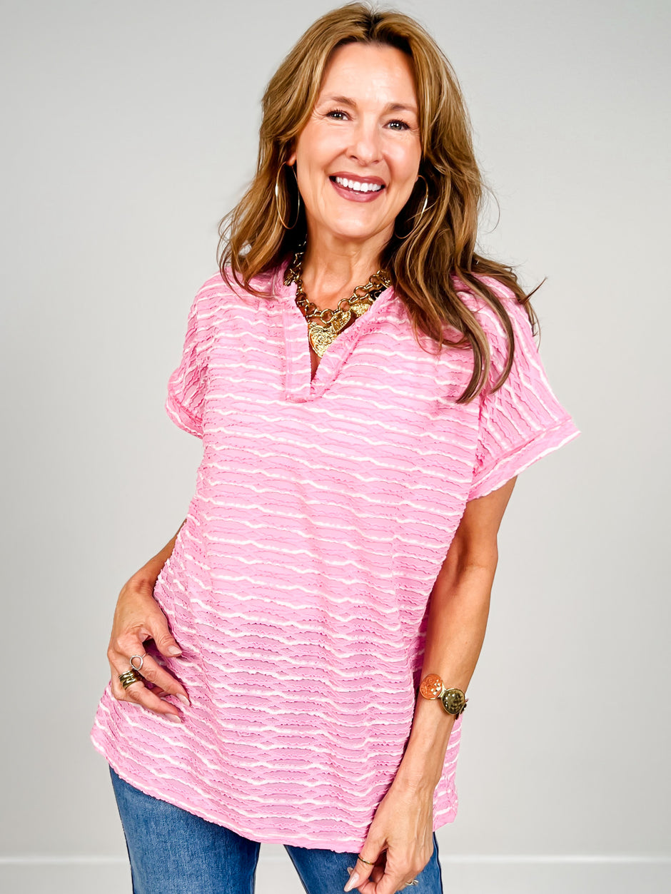 Short Sleeve Ribbed Split Neckline Top