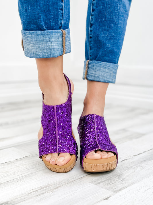 Corkys Carley Wedge Sandals in Purple Glitter