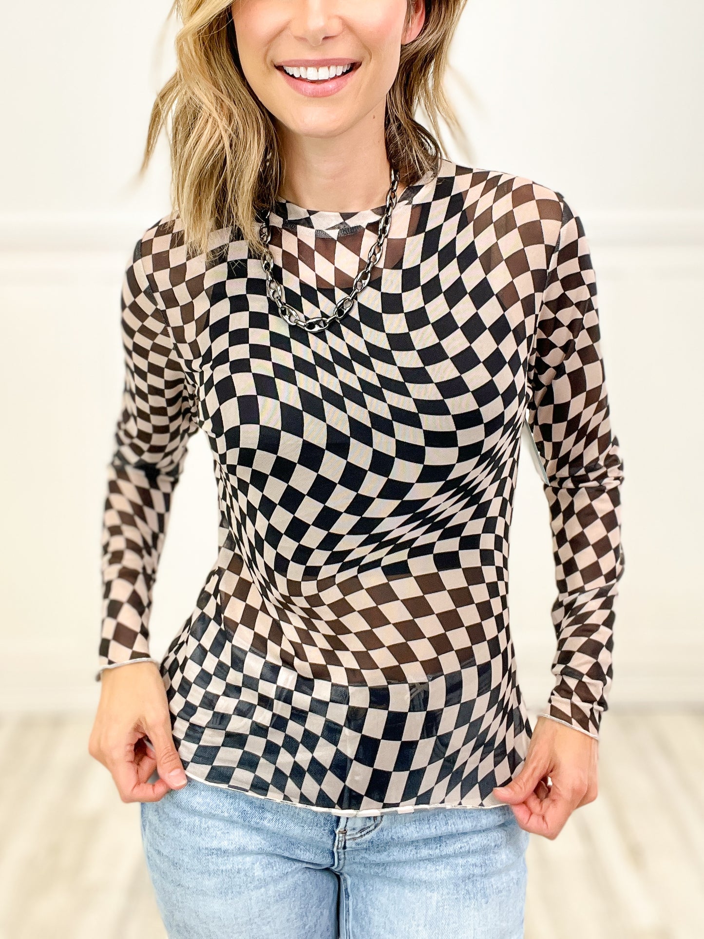 Let's Play Checker Board Printed Mesh Long Sleeve Top