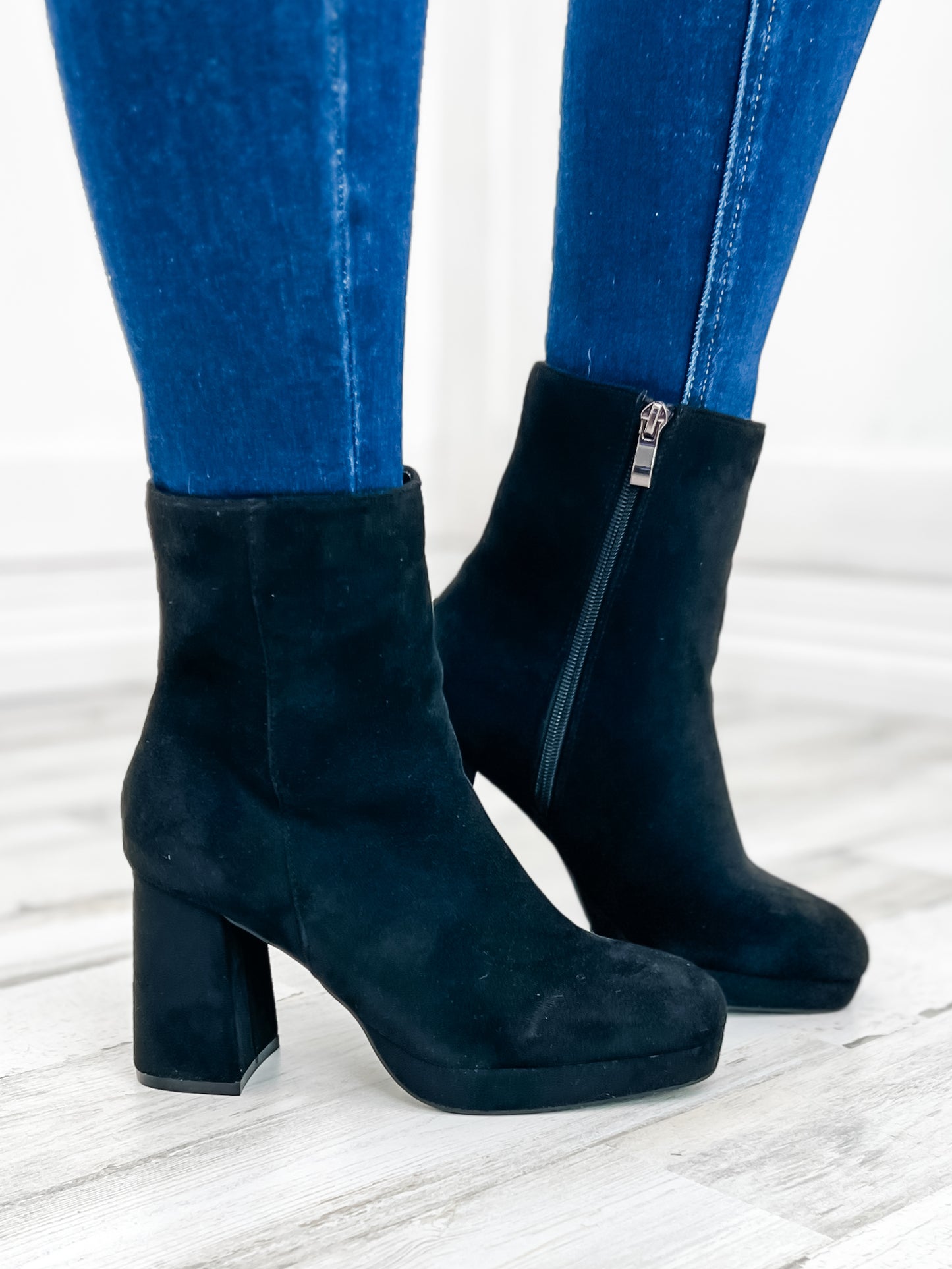 Corkys Slug Bug Block Heel Boots in Black Suede