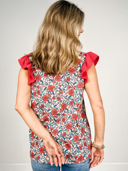 Floral Print Ruffled Sleeveless V-Neck Top