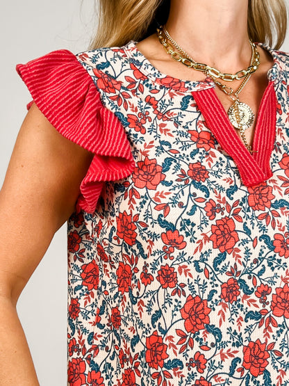 Floral Print Ruffled Sleeveless V-Neck Top