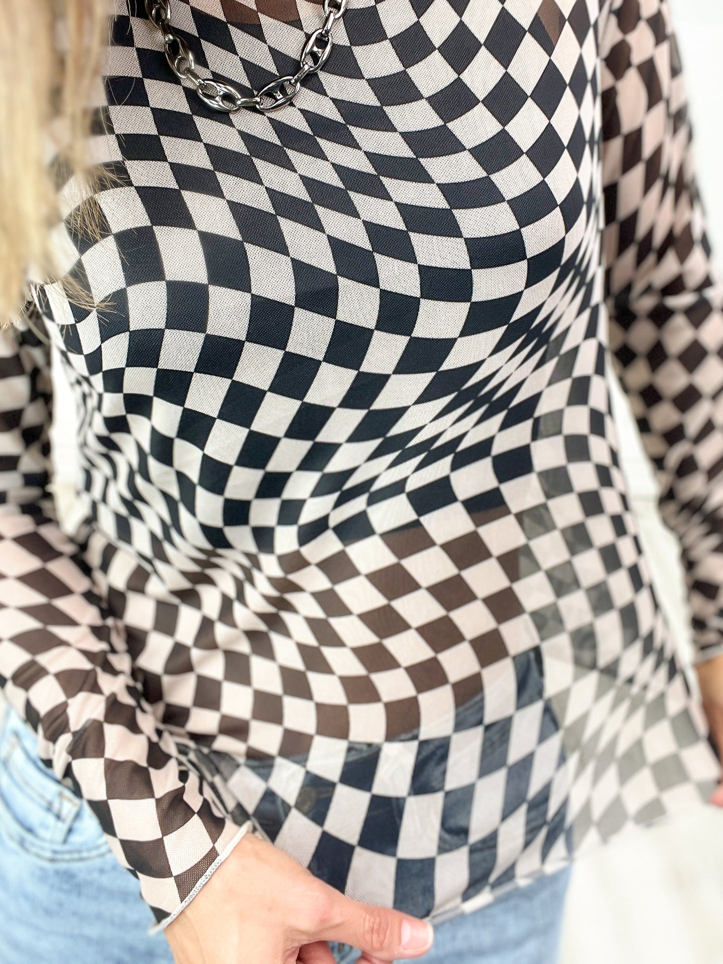 Let's Play Checker Board Printed Mesh Long Sleeve Top