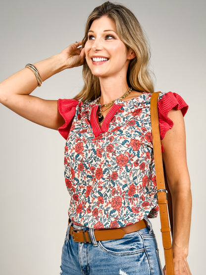Floral Print Ruffled Sleeveless V-Neck Top