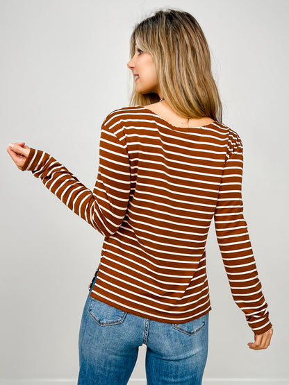 Round Neck Distressed Detail Striped Knit Top