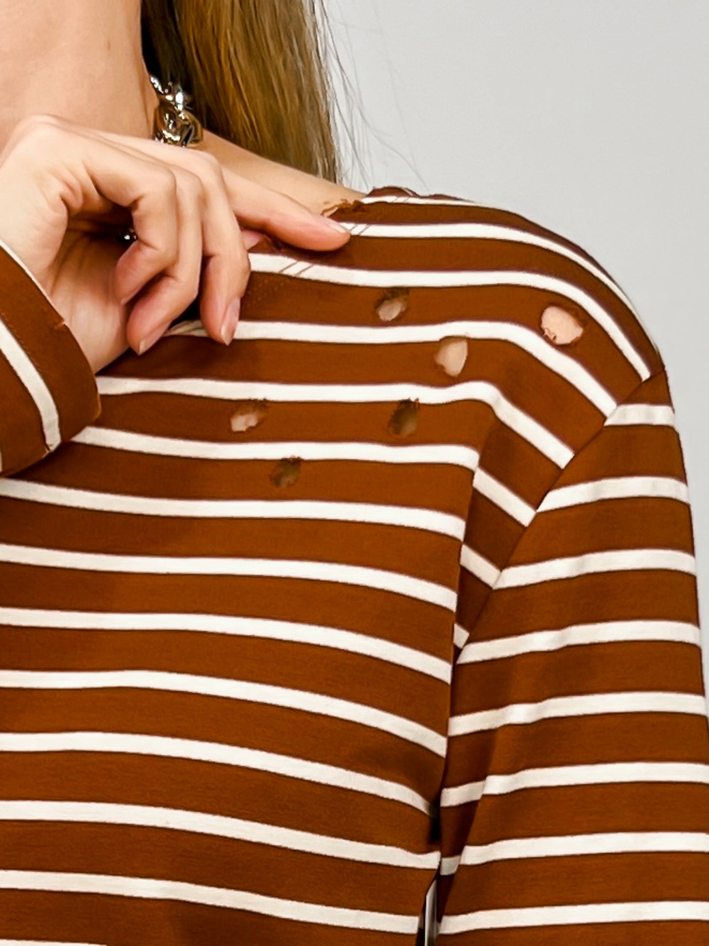 Round Neck Distressed Detail Striped Knit Top