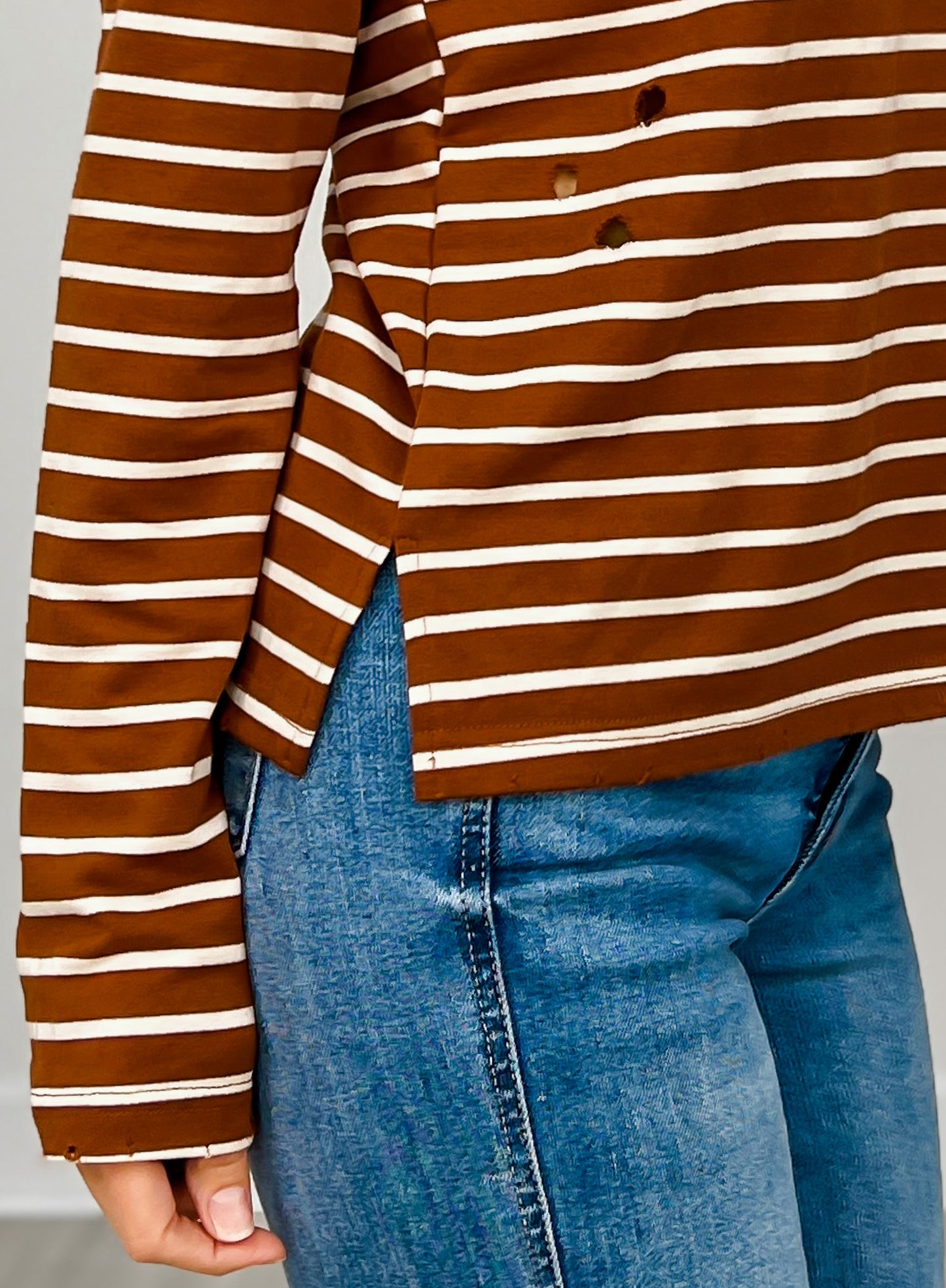 Round Neck Distressed Detail Striped Knit Top